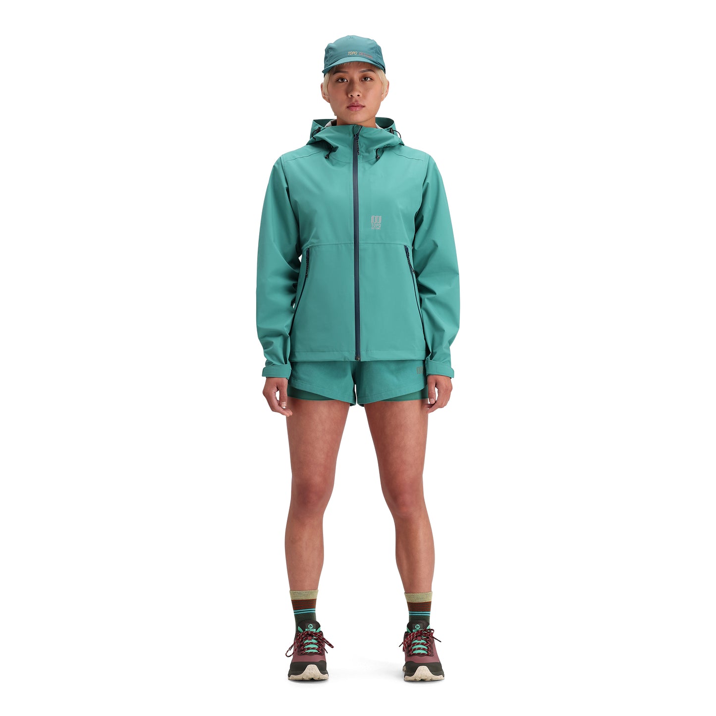 General front model shot of Topo Designs Global Trek Shorts - Women's in "Caribbean"