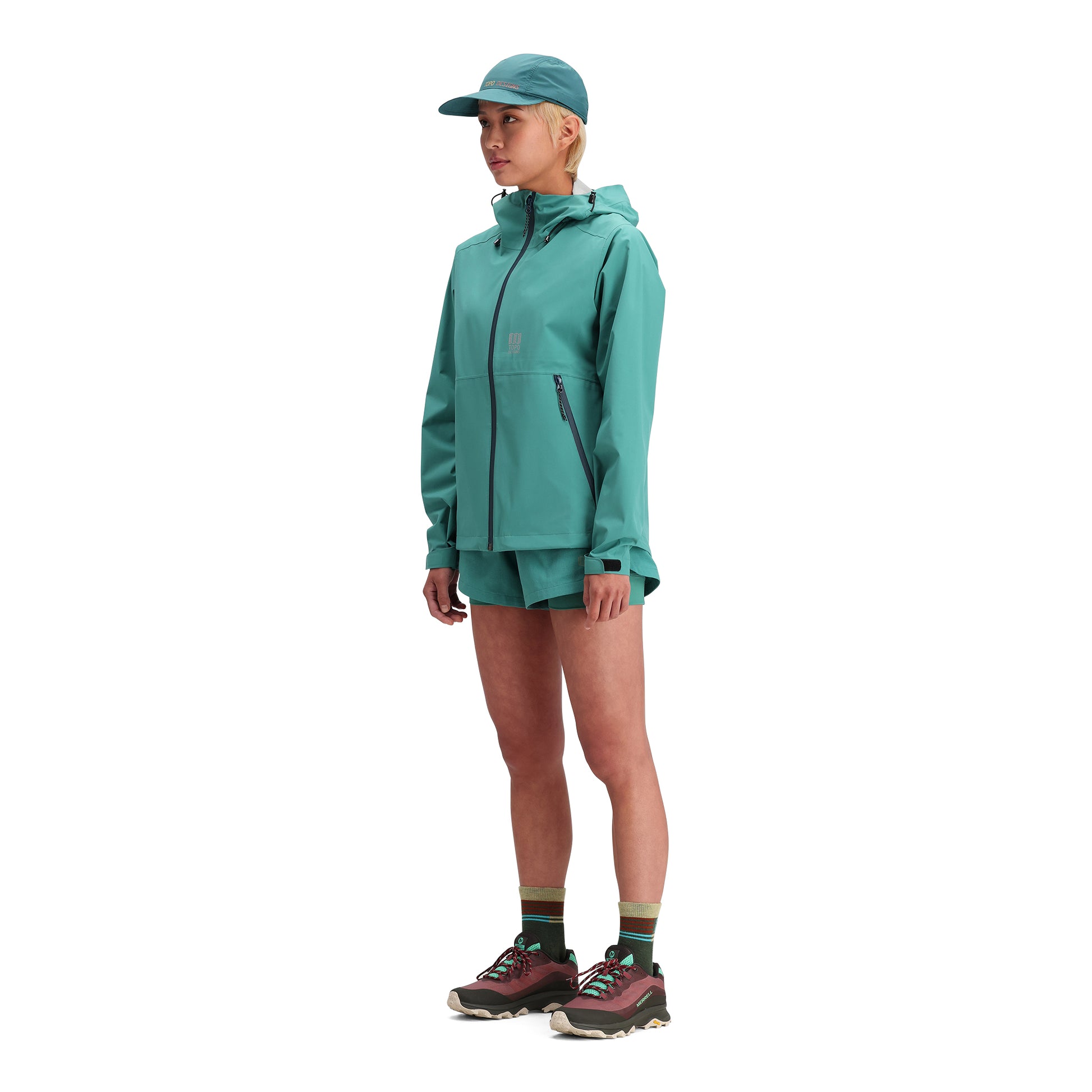 General side model shot of Topo Designs Global Trek Shorts - Women's in "Caribbean"