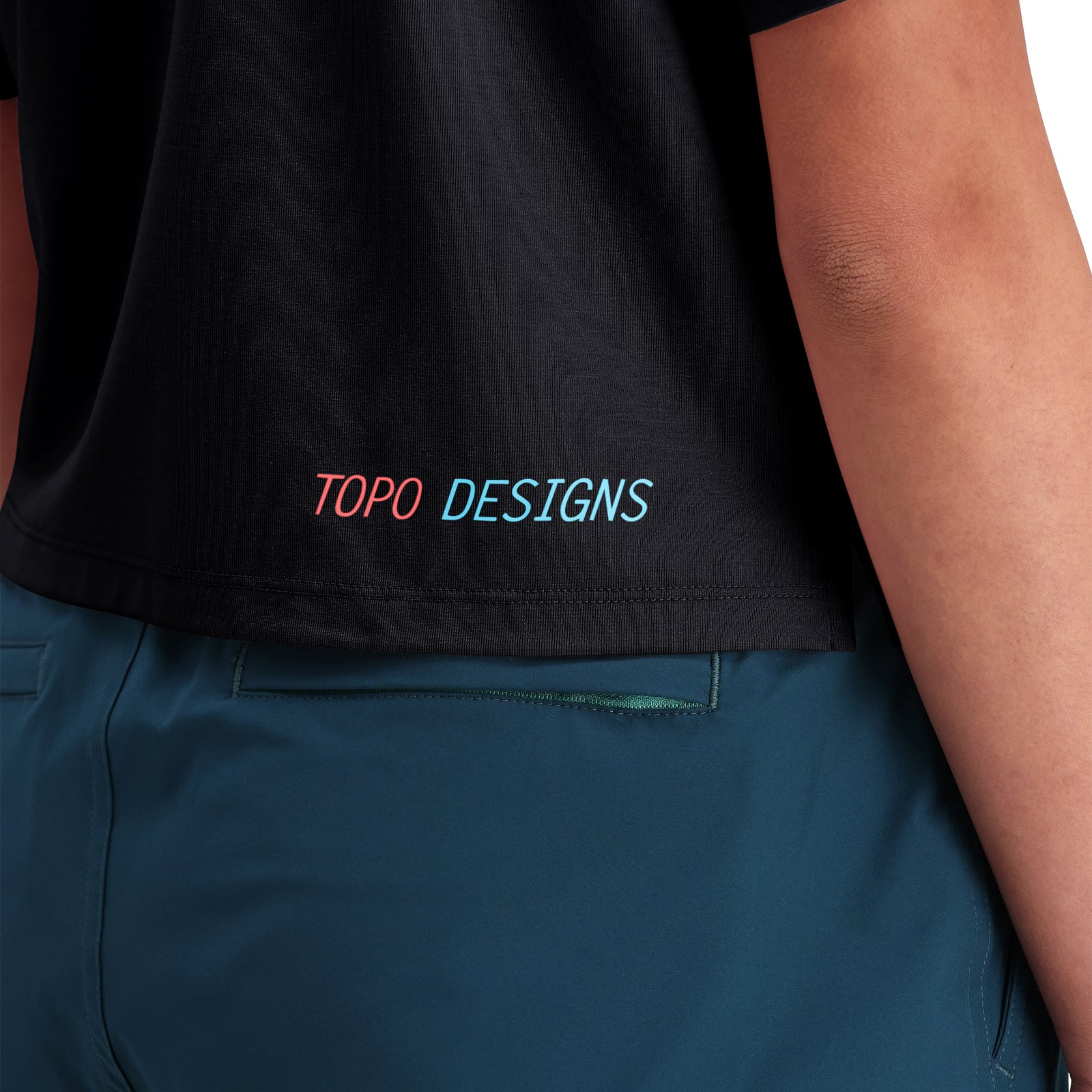 Detail shot of Topo Designs Global Tek Crew Ss - Women's in "Black"
