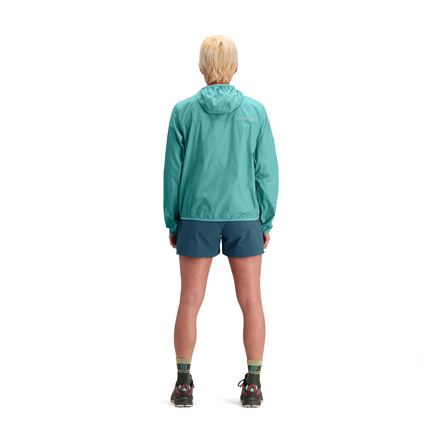 General back model shot of Topo Designs Global Ultralight Packable Jacket - Women's in "Caribbean"