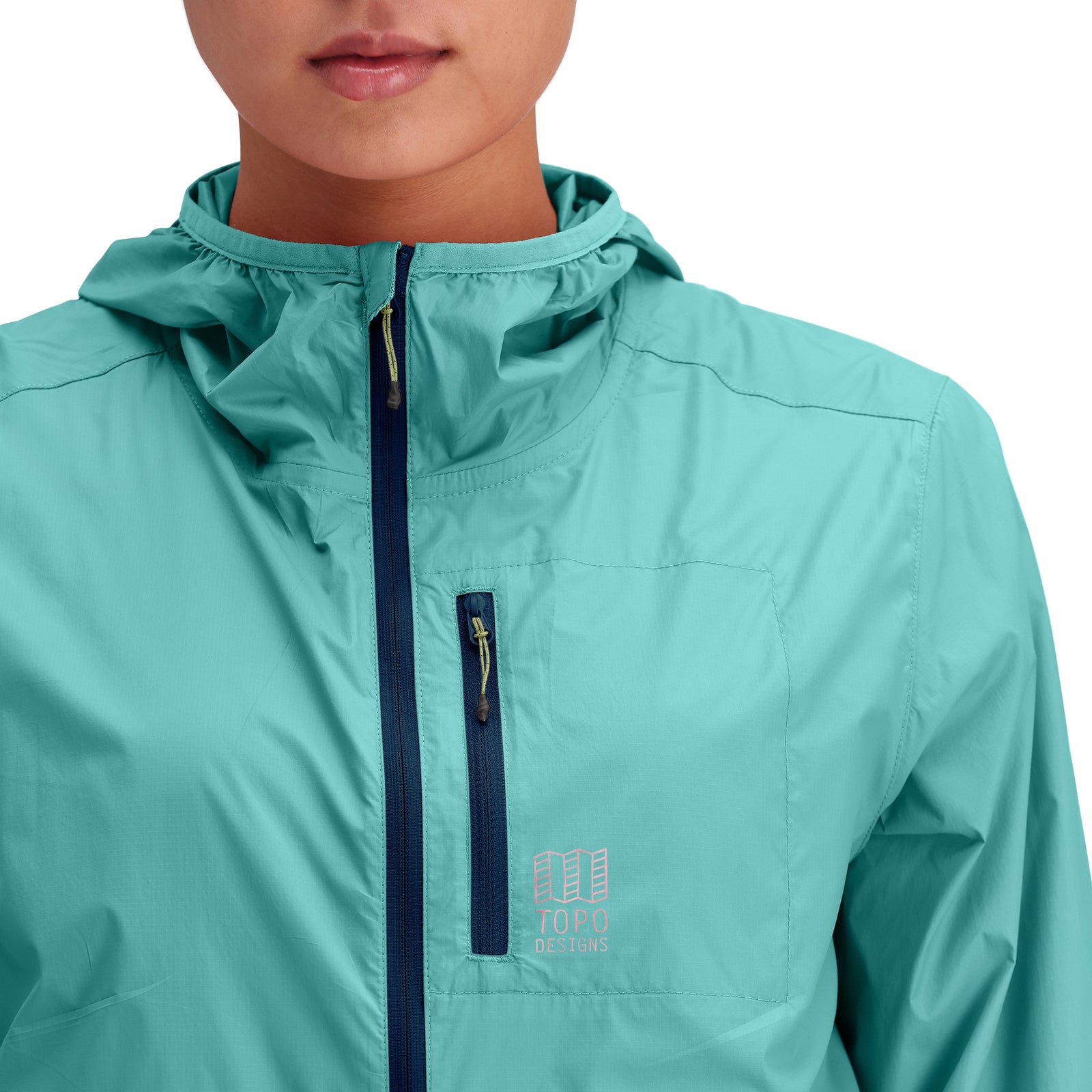 Detail shot of Topo Designs Global Ultralight Packable Jacket - Women's in "Caribbean"