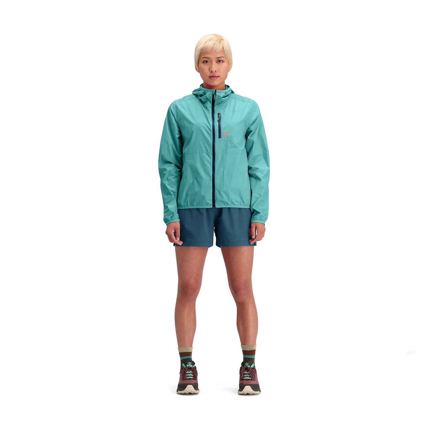 General front model shot of Topo Designs Global Ultralight Packable Jacket - Women's in "Caribbean"