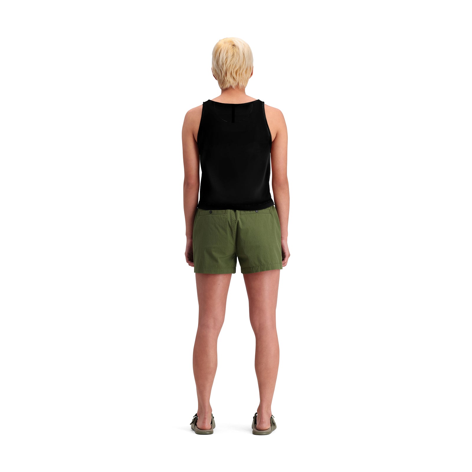 General back model shot of Topo Designs Mountain Short Ripstop - Women's in "Olive"