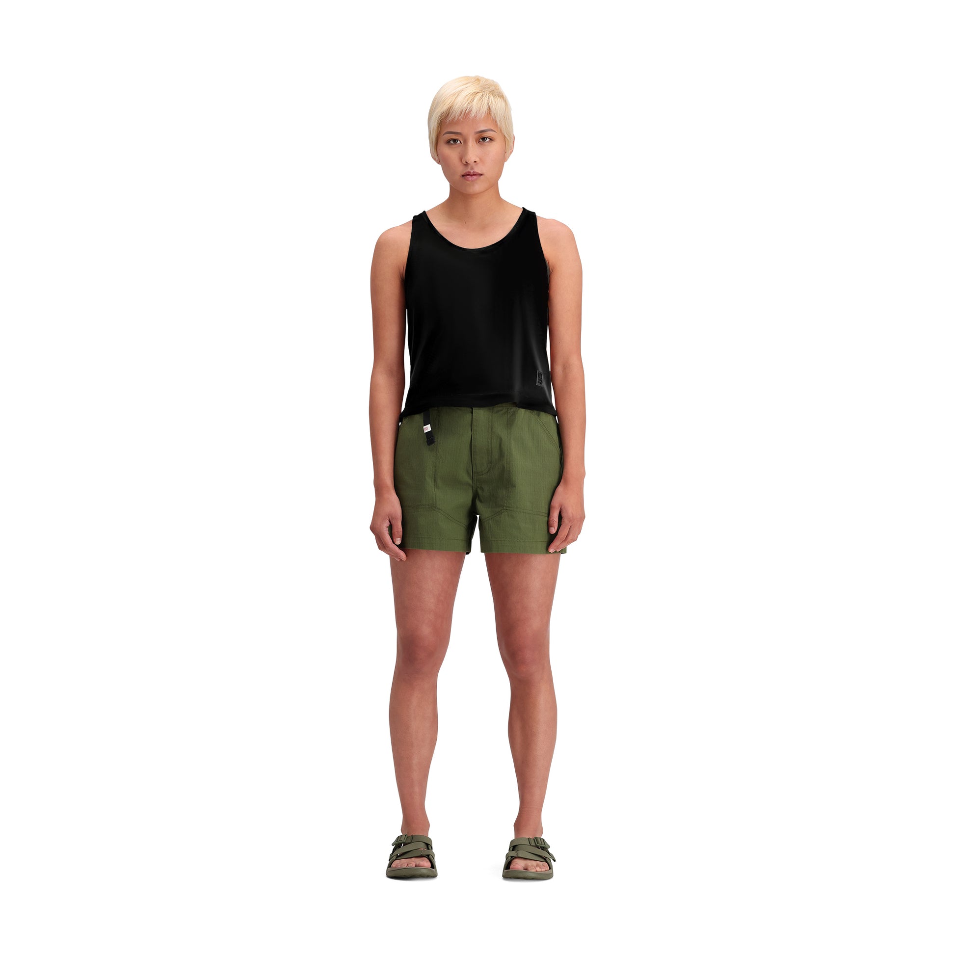 General front model shot of Topo Designs Mountain Short Ripstop - Women's in "Olive"