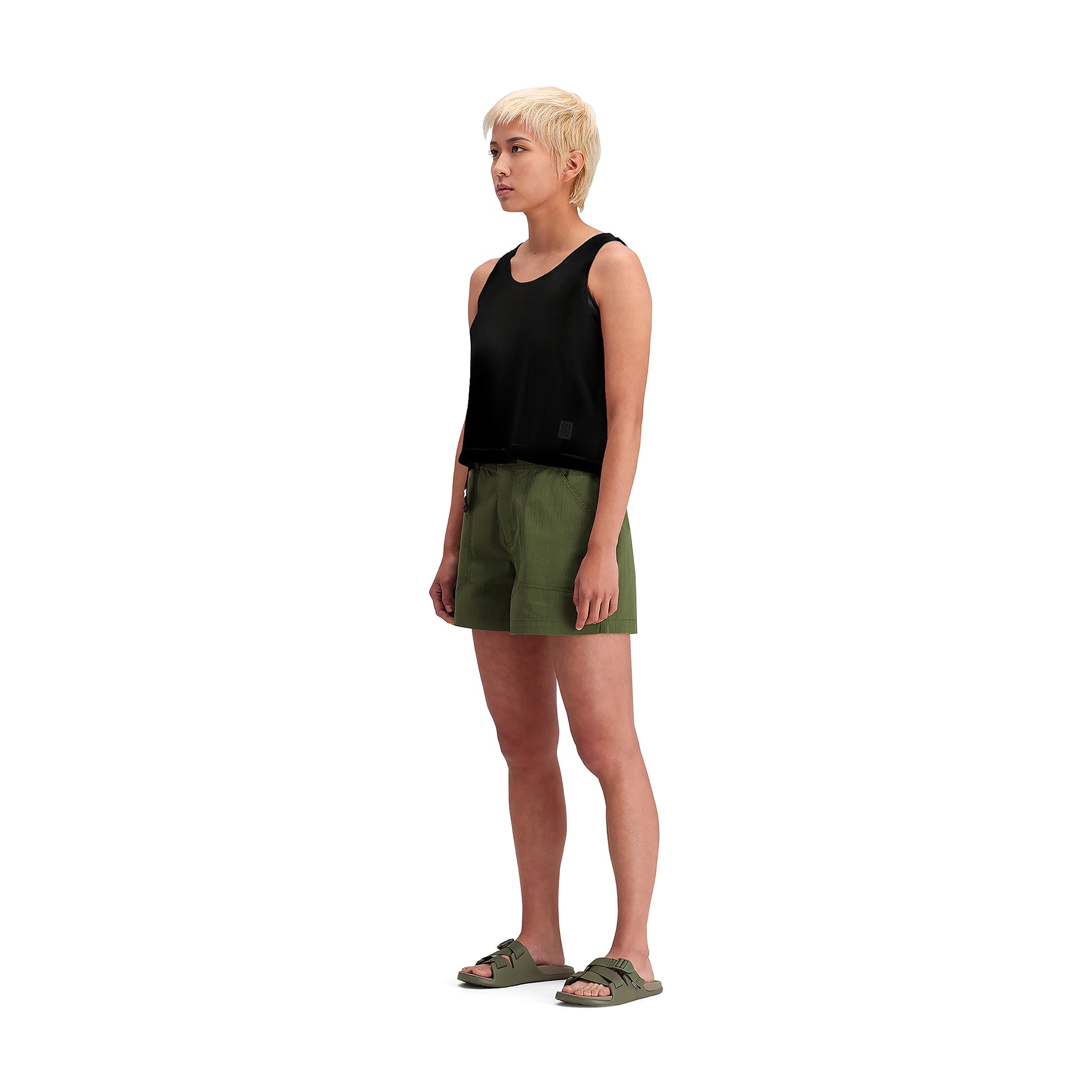 General side model shot of Topo Designs Mountain Short Ripstop - Women's in "Olive"