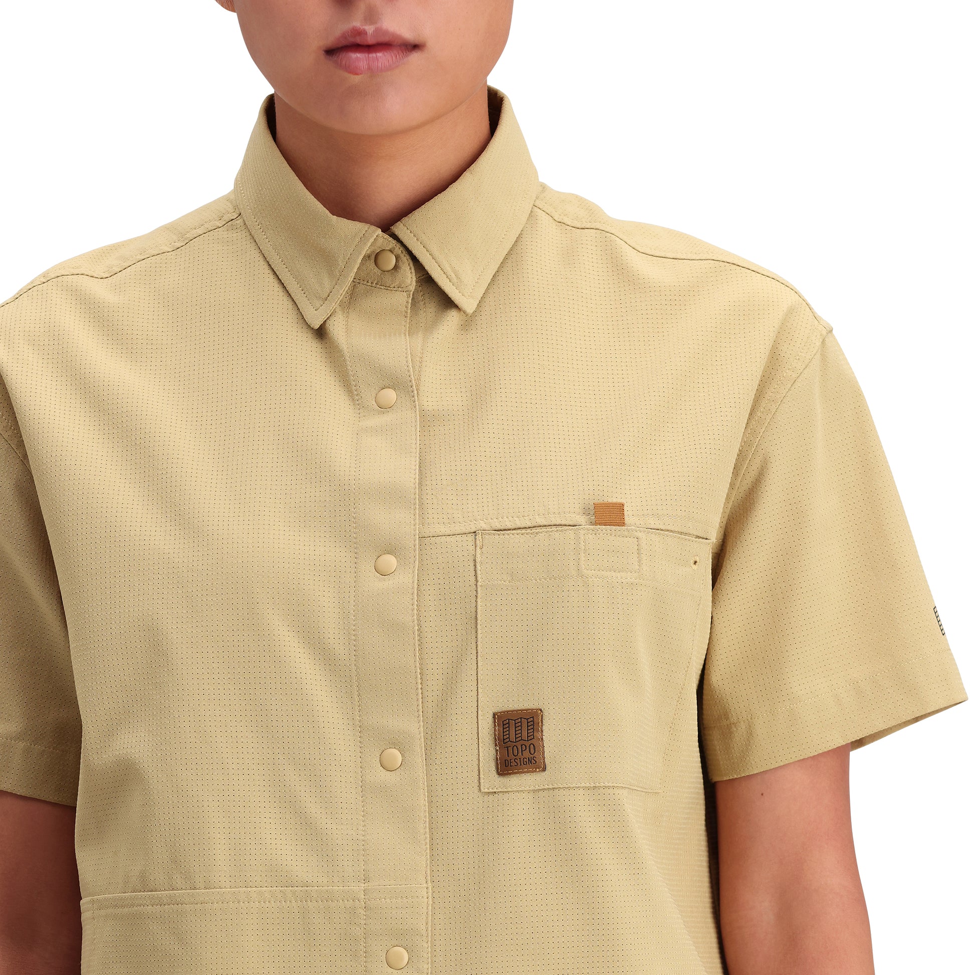 General Detail shot of Topo Designs Retro River Shirt Ss - Women's in "Sahara"