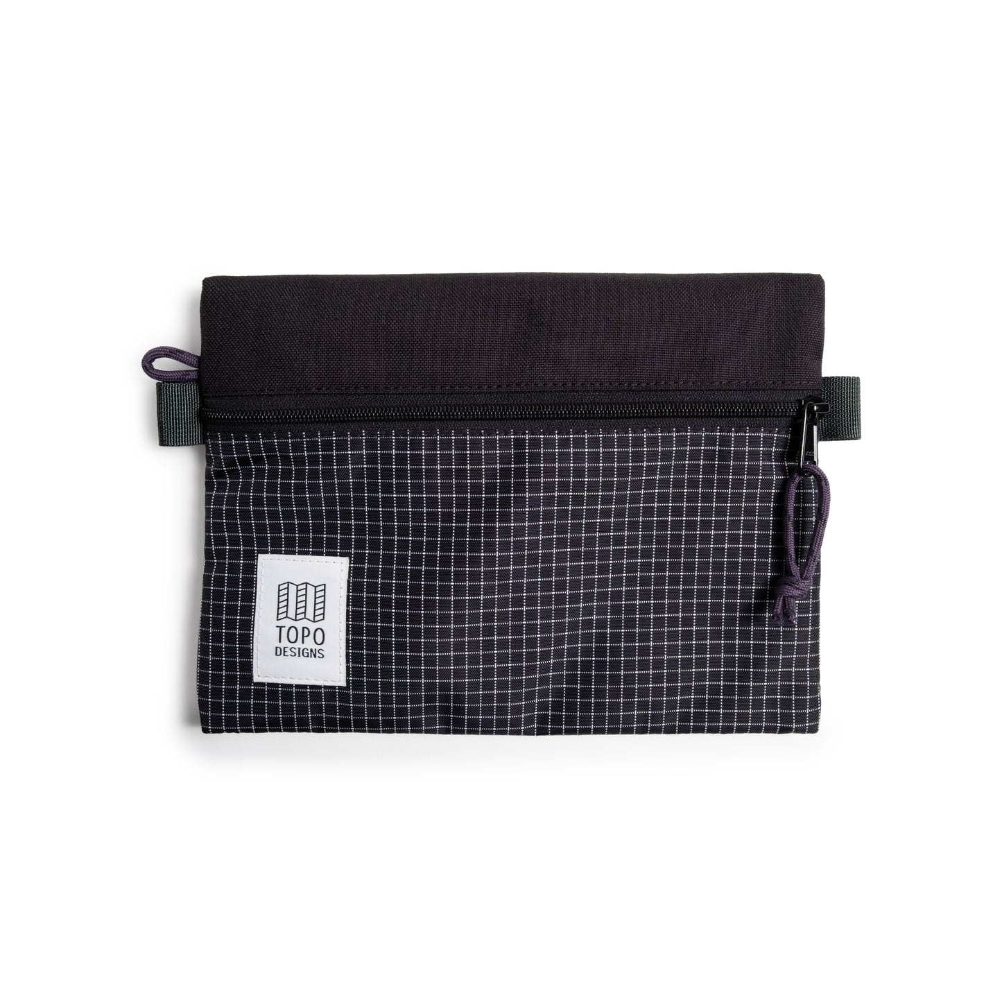 Front View of Topo Designs Accessory Bag "Medium" in "Black / White Grid"
