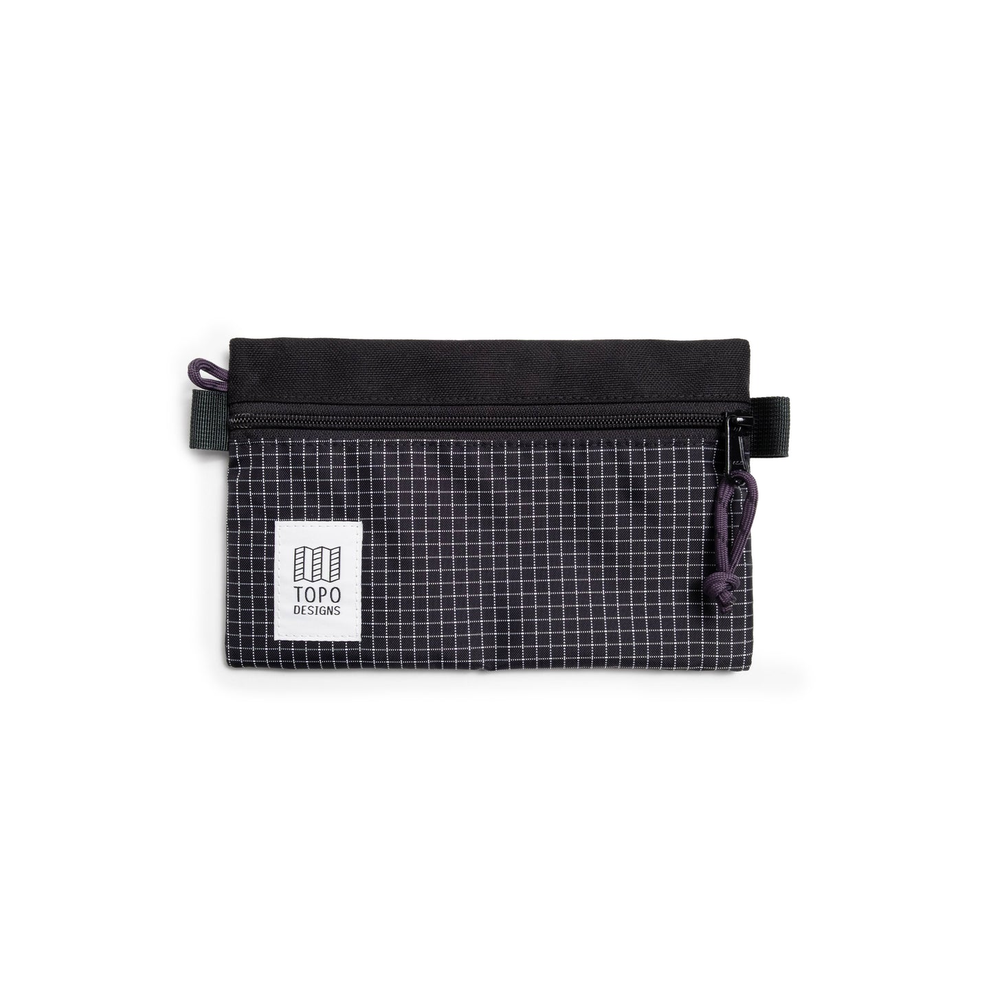 Front View of Topo Designs Accessory Bag "Small" in "Black / White Grid"
