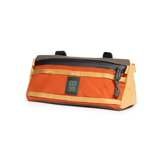 Topo Designs Mountain Bike Bag handlebar pack with removable shoulder strap in "Woodland / Terracotta" lightweight recycled nylon.