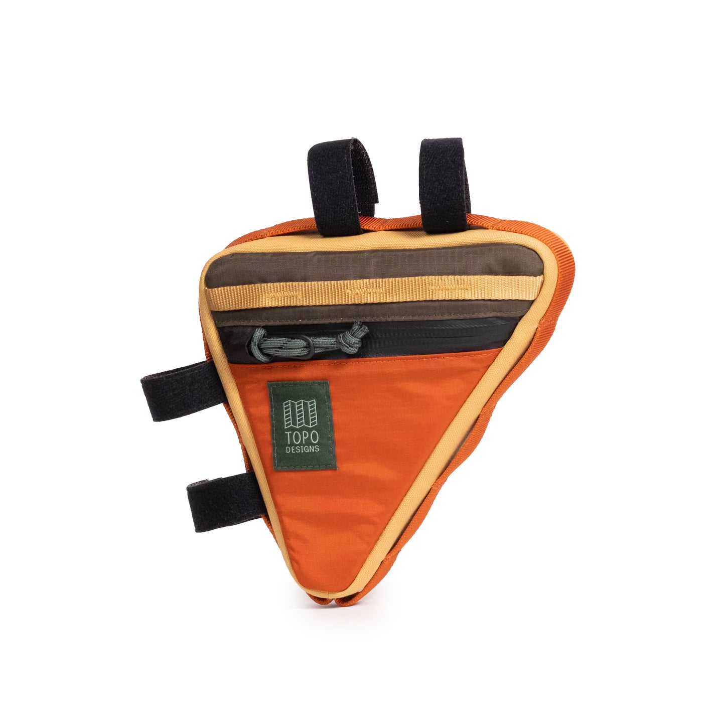 Front Quarter View of Topo Designs Bike Frame Bag in "Woodland / Terracotta"