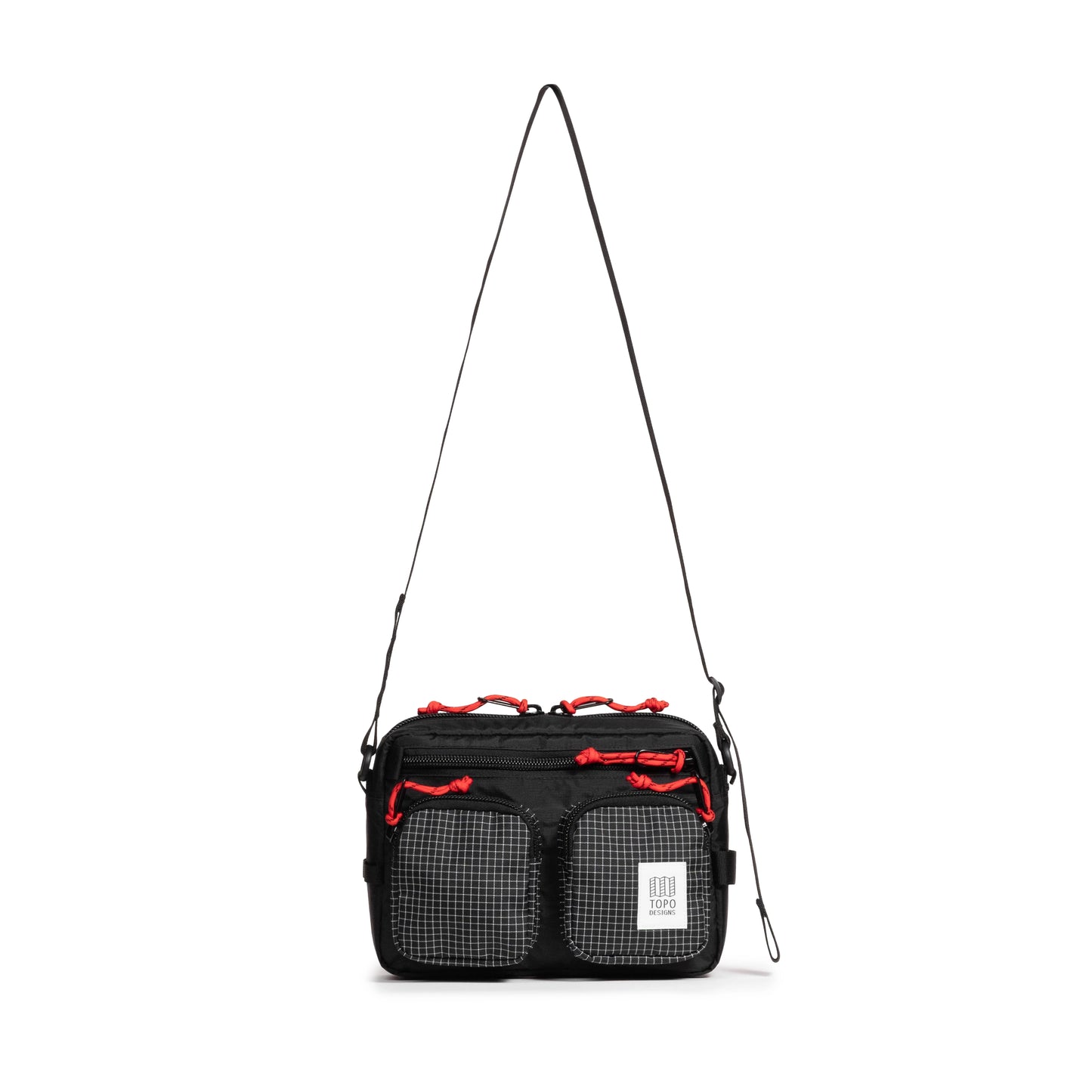 Front view of Topo Designs Block Bag in "Black / White Grid"