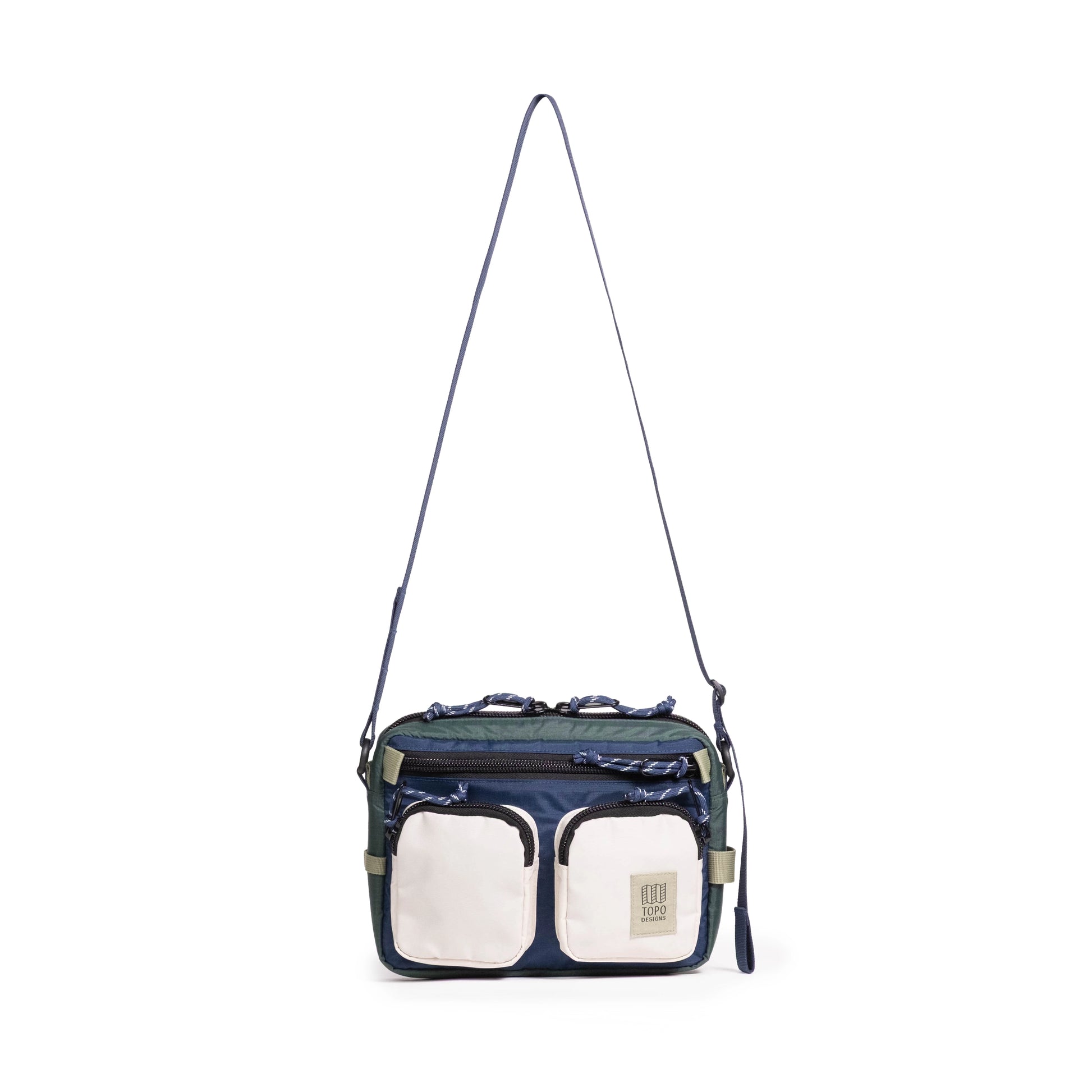 Front view of Topo Designs Block Bag in "Forest / Bone White"