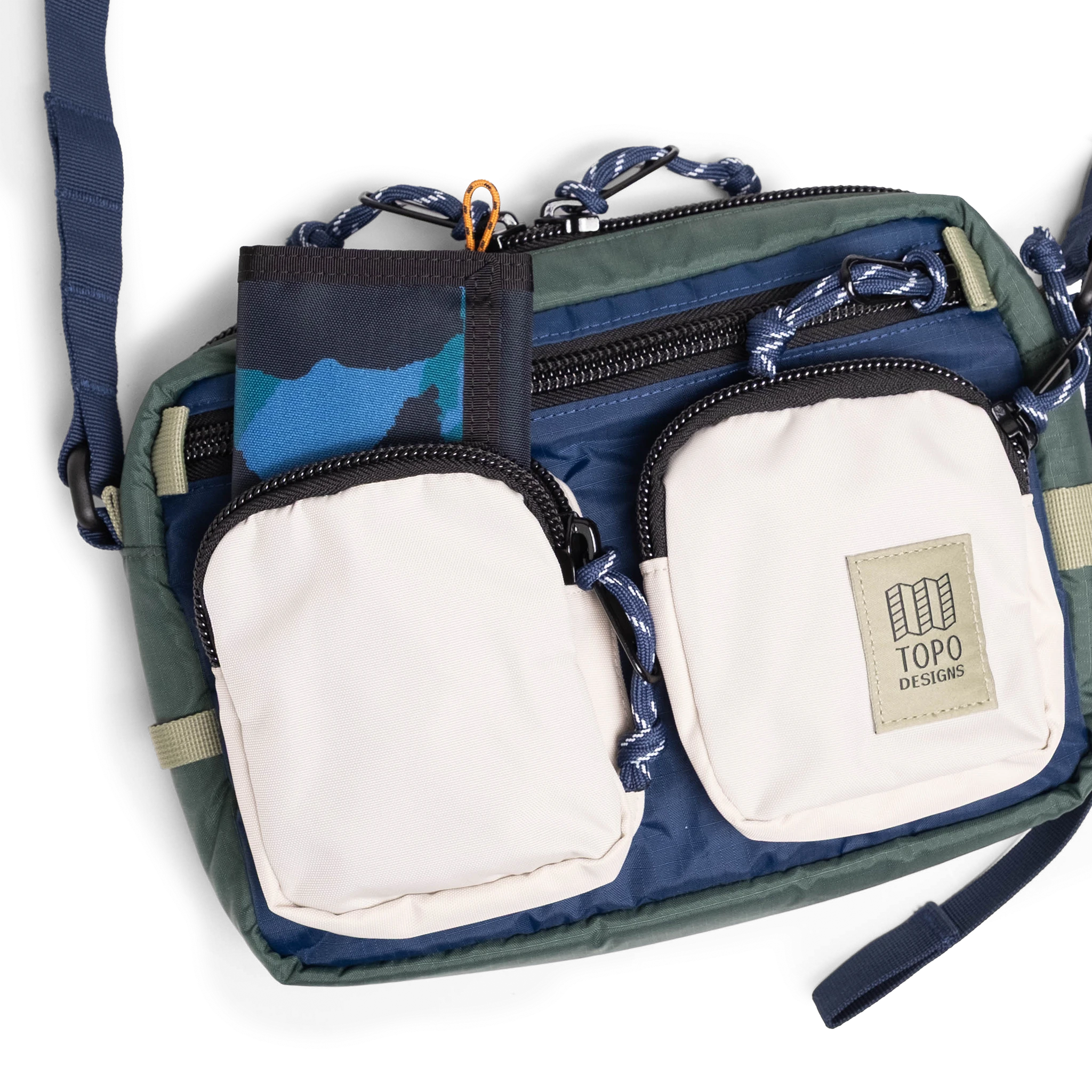 General detail view of Topo Designs Block Bag in "Forest / Bone White"