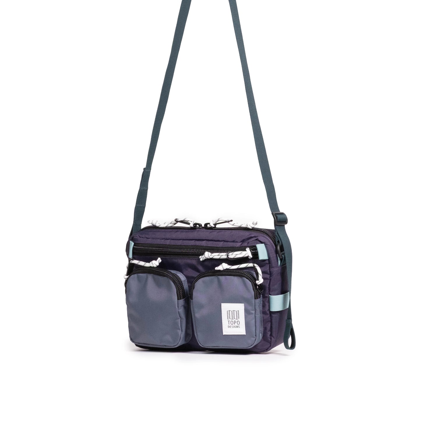 Front quarter view of Topo Designs Block Bag in "Nightshade / Slate"