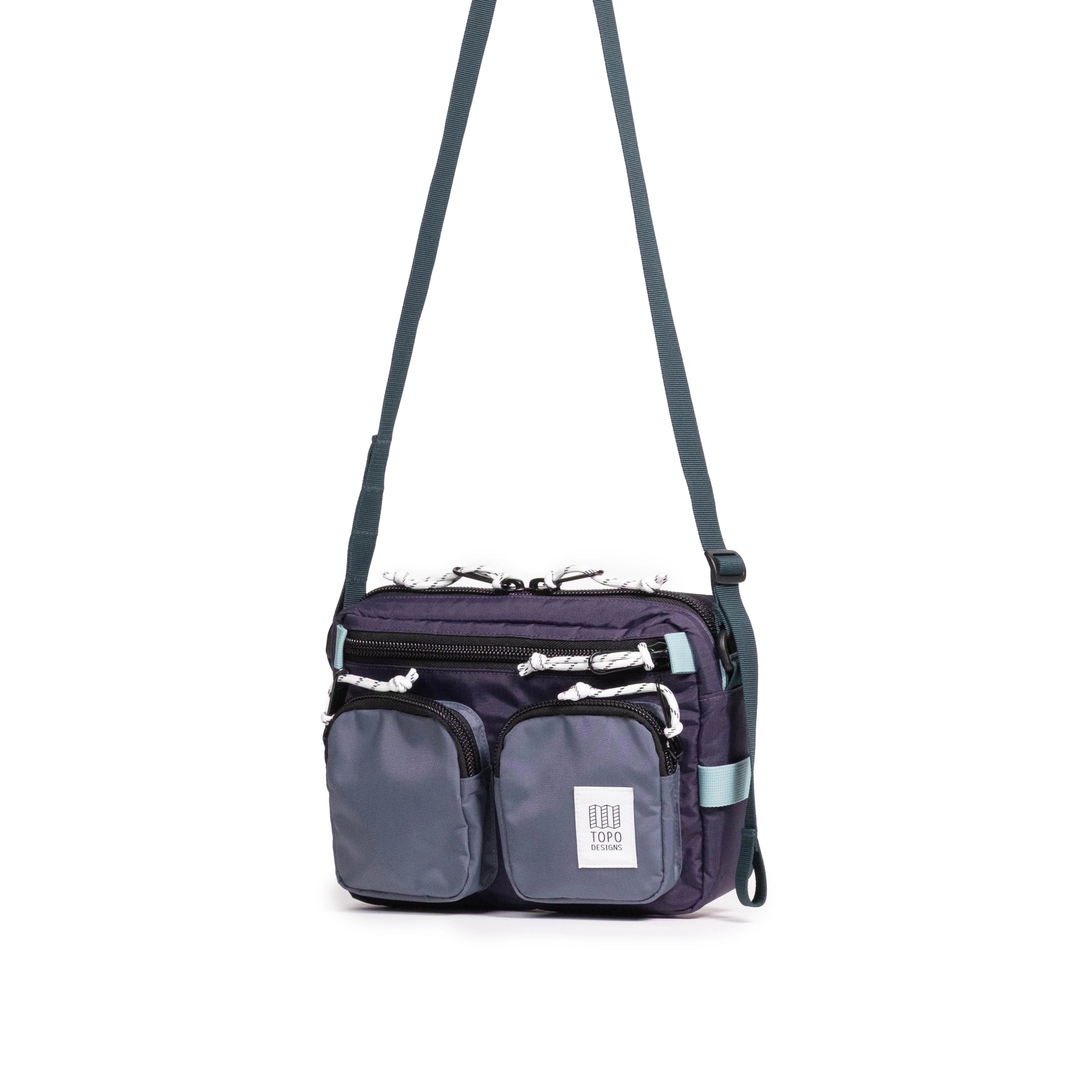 Front quarter view of Topo Designs Block Bag in "Nightshade / Slate"