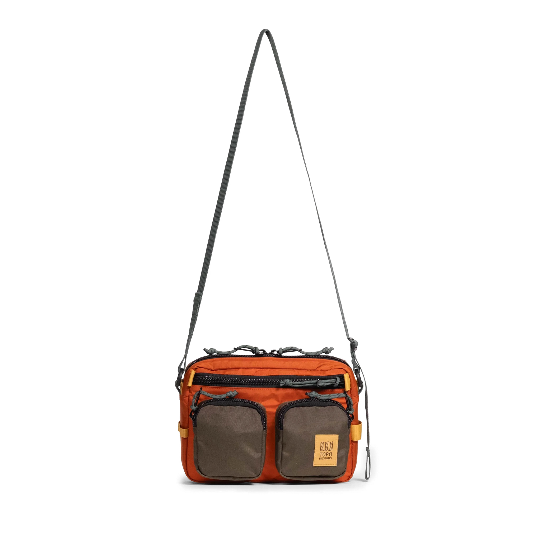 Front view of Topo Designs Block Bag in "Woodland / Terracotta"
