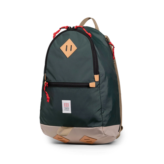 Quarter view of Topo Designs Classic Teardrop Backpack in "Forest"
