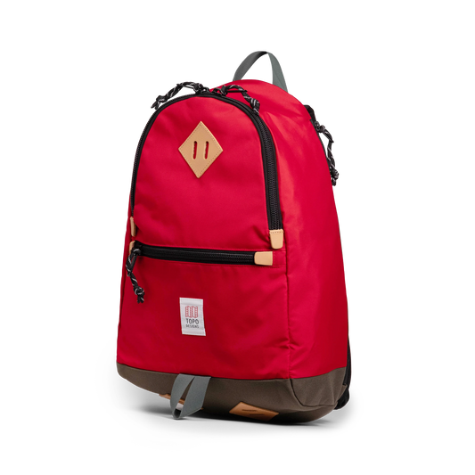 Quarter view of Topo Designs Classic Teardrop Backpack in "Salsa"