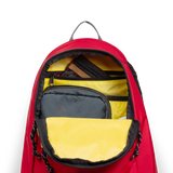 General detail view of Topo Designs Classic Teardrop Backpack in "Salsa" with the main compartment opened.