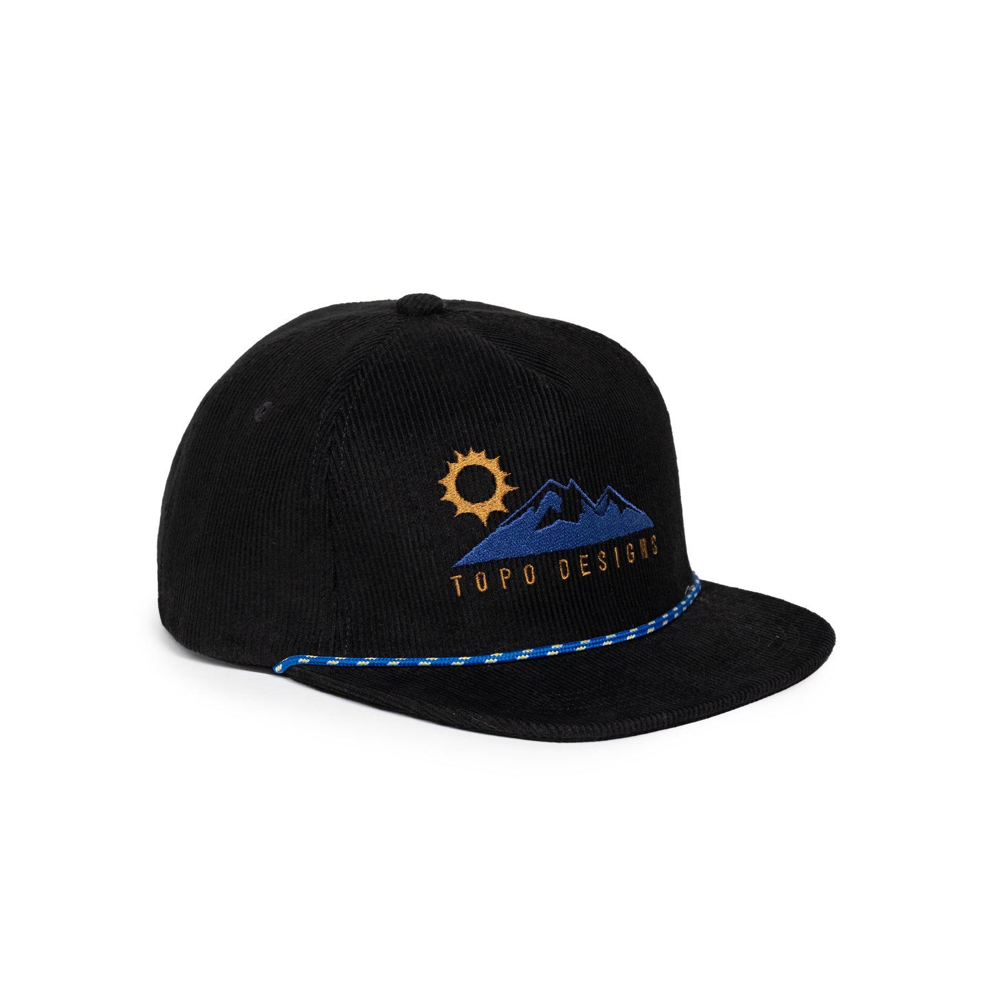 Front quarter white background image of Topo Designs Corduroy Trucker Hat Alpine View in "Black"
