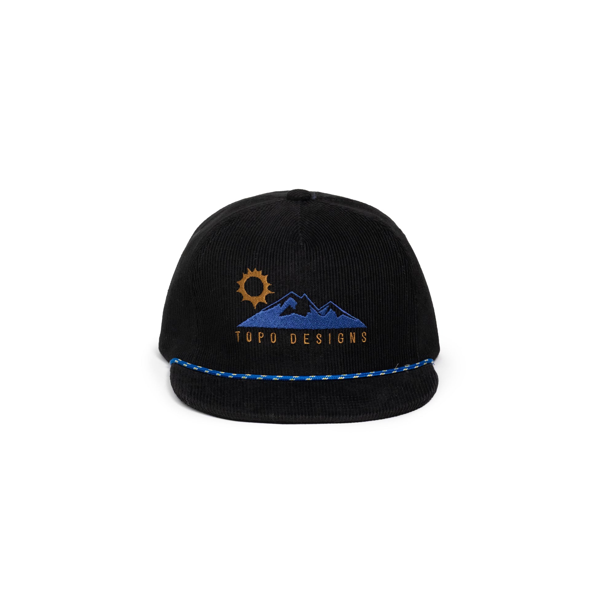 Front white background image of Topo Designs Corduroy Trucker Hat Alpine View in "Black"