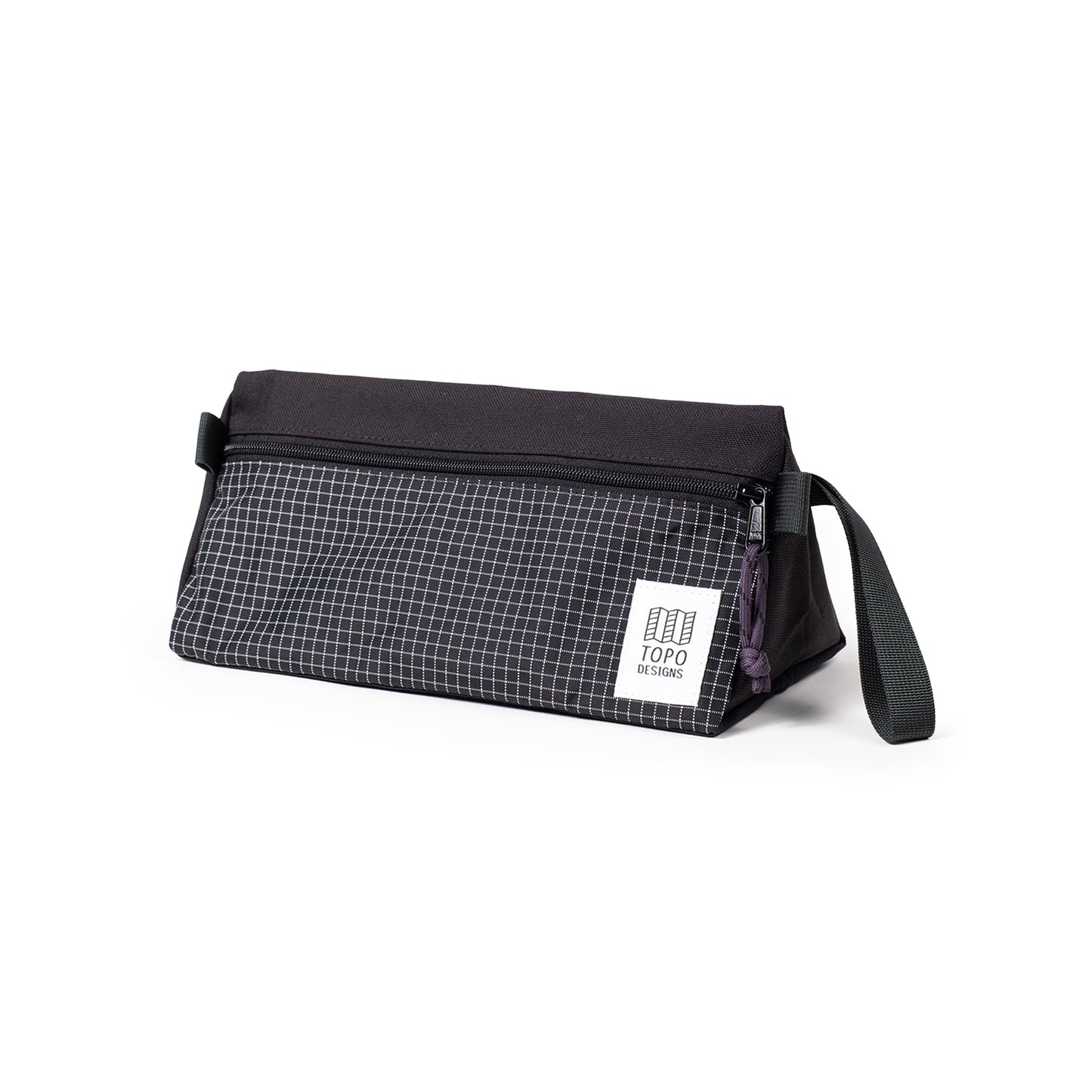 Quarter View of Topo Designs Dopp Kit in "Black Grid"