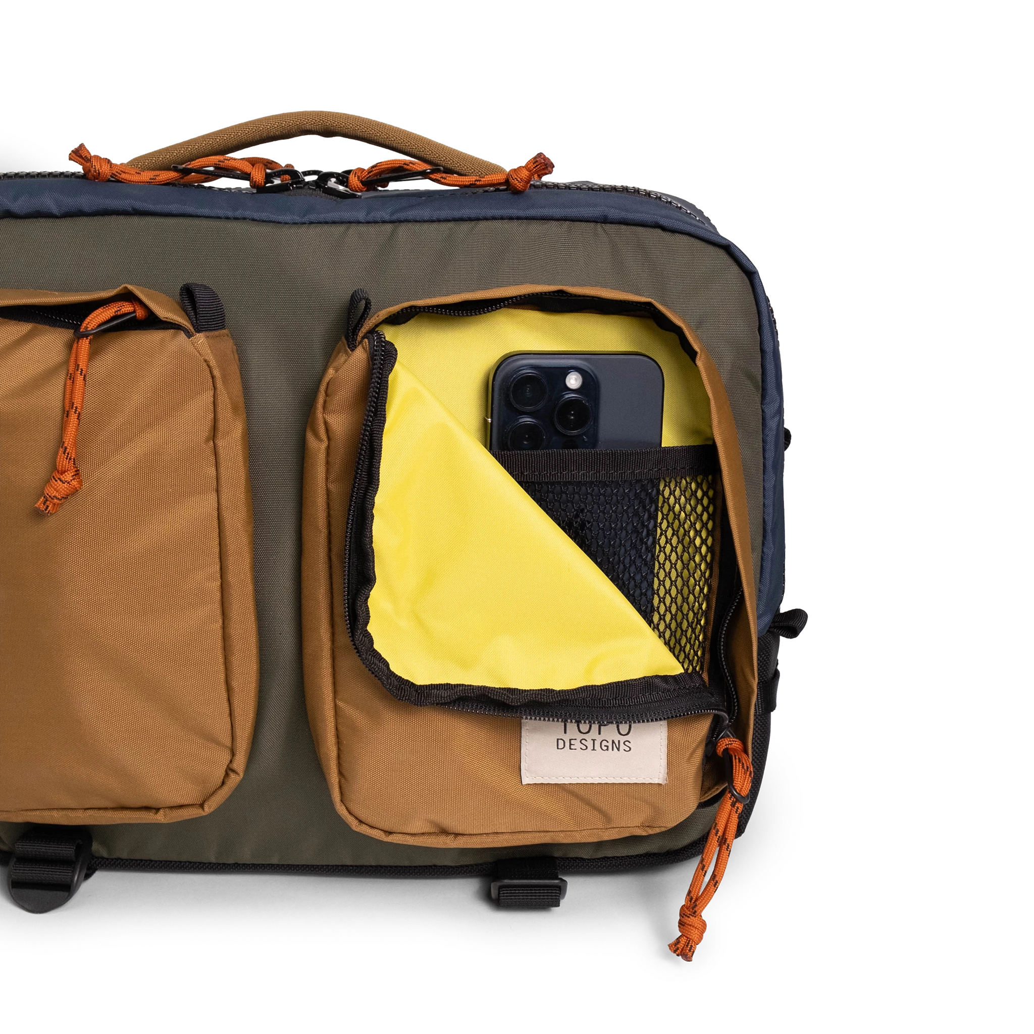 General full front product shot of the global briefcase showing use of the front zip pocket in "Olive / Dark Khaki".