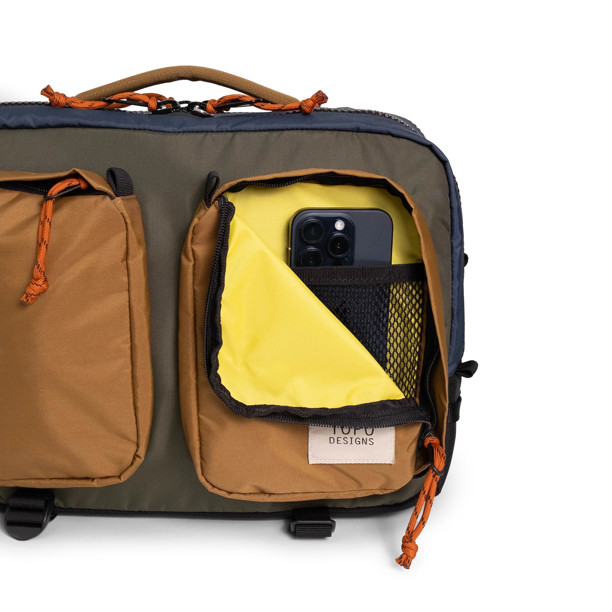 General full front product shot of the global briefcase showing use of the front zip pocket in "Olive / Dark Khaki".