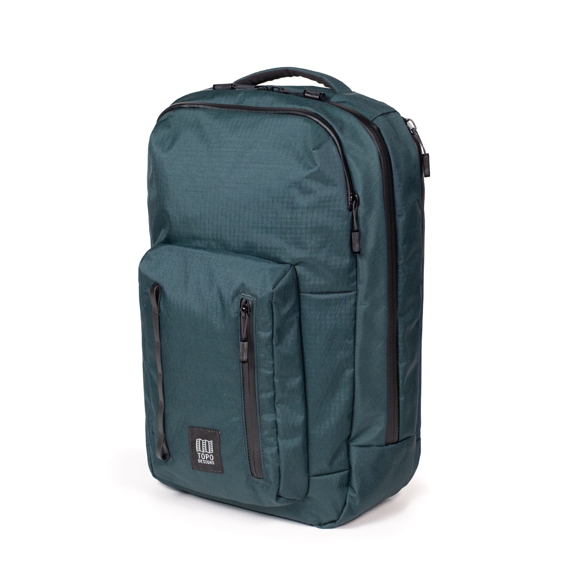 Front quarter shot of Topo Designs Global Pro Backpack in "Dark Pine"