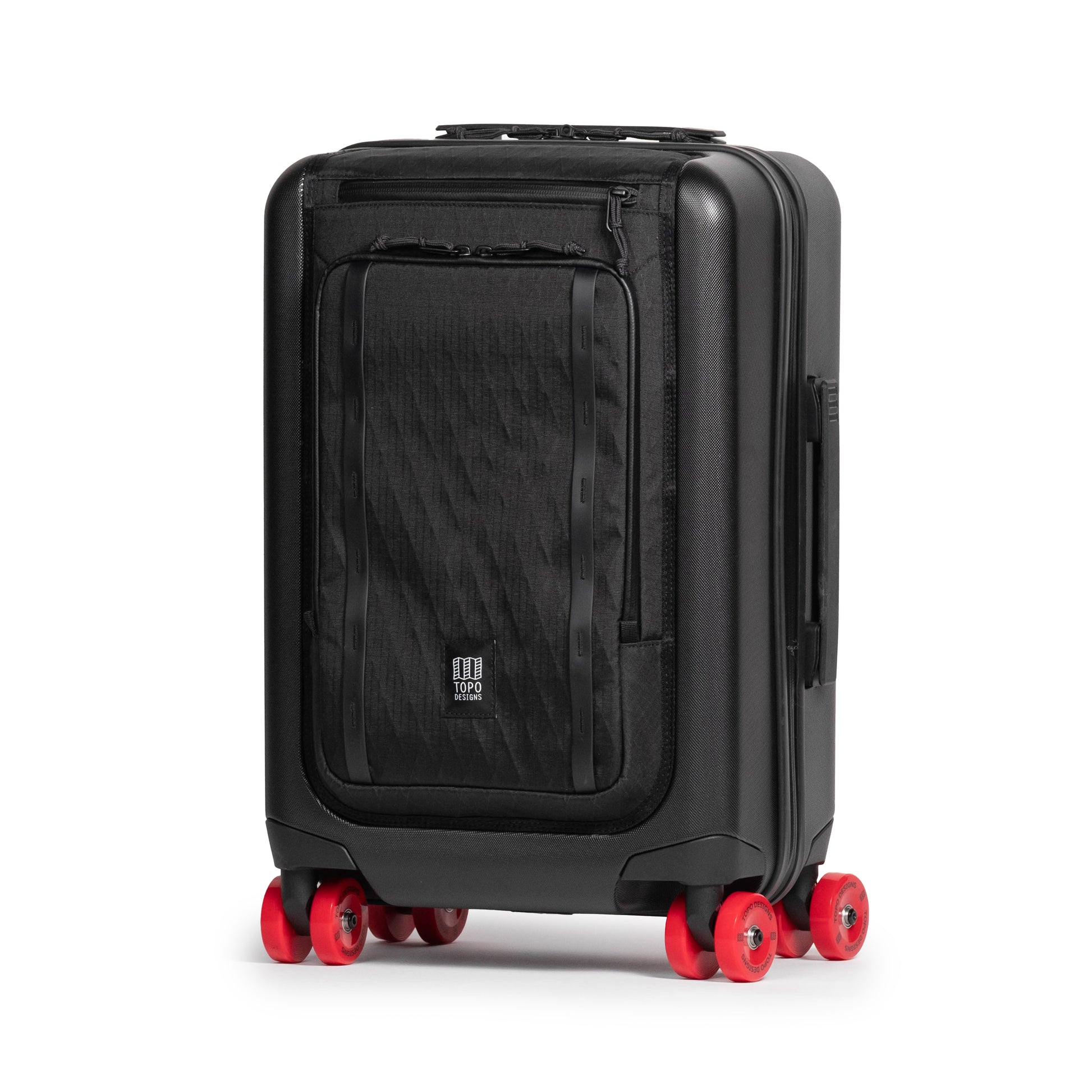 Front quarter shot of Topo Designs Global Pro Travel Roller Bag in "Black"
