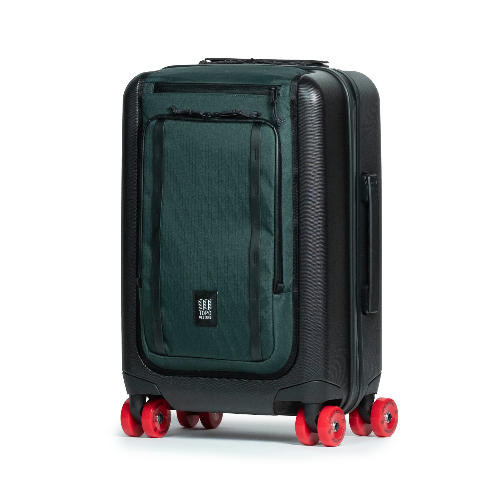 Front quarter shot of Topo Designs Global Pro Travel Roller Bag in "Dark Pine"