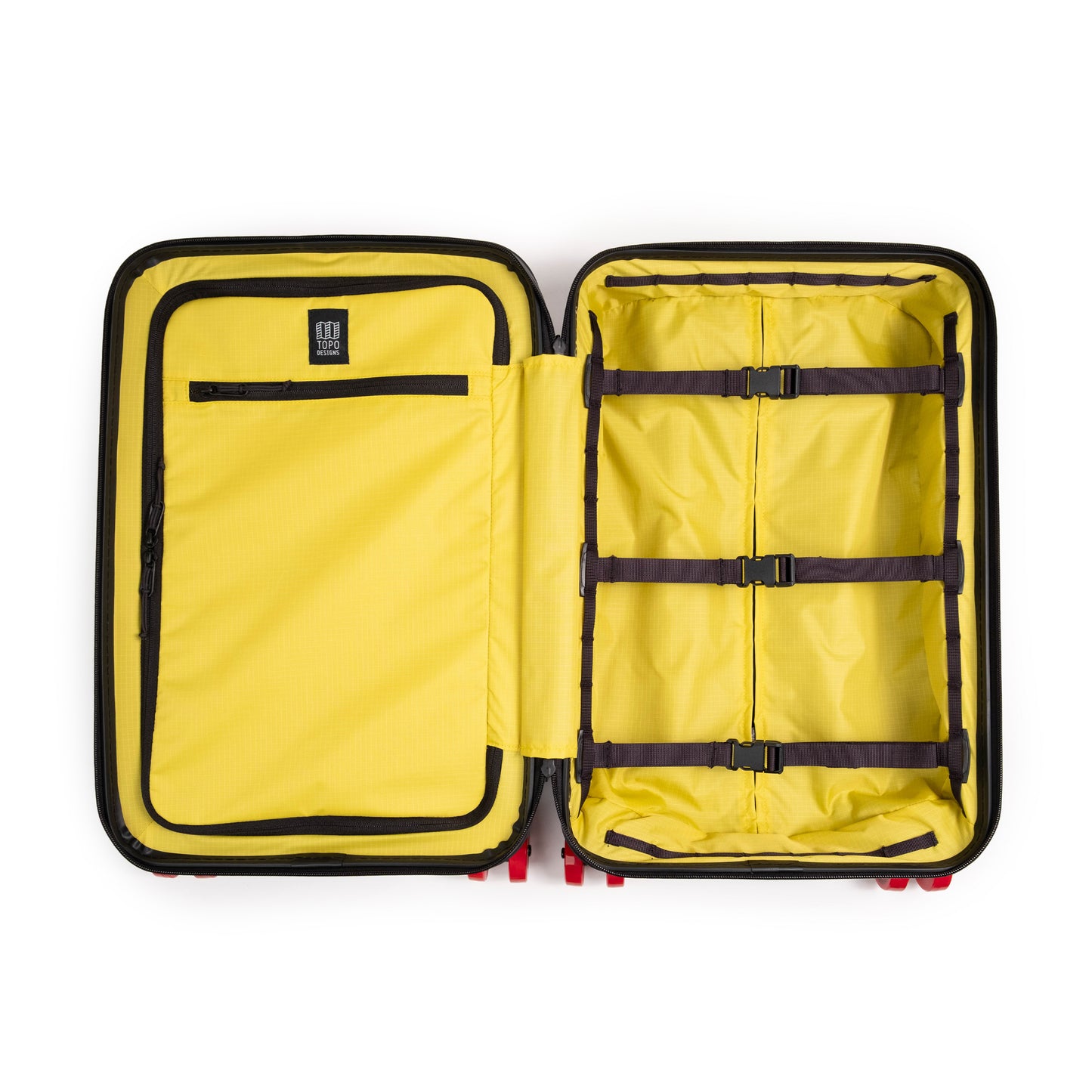 General detail shot of Topo Designs Global Pro Travel Roller Bag showing bag open 