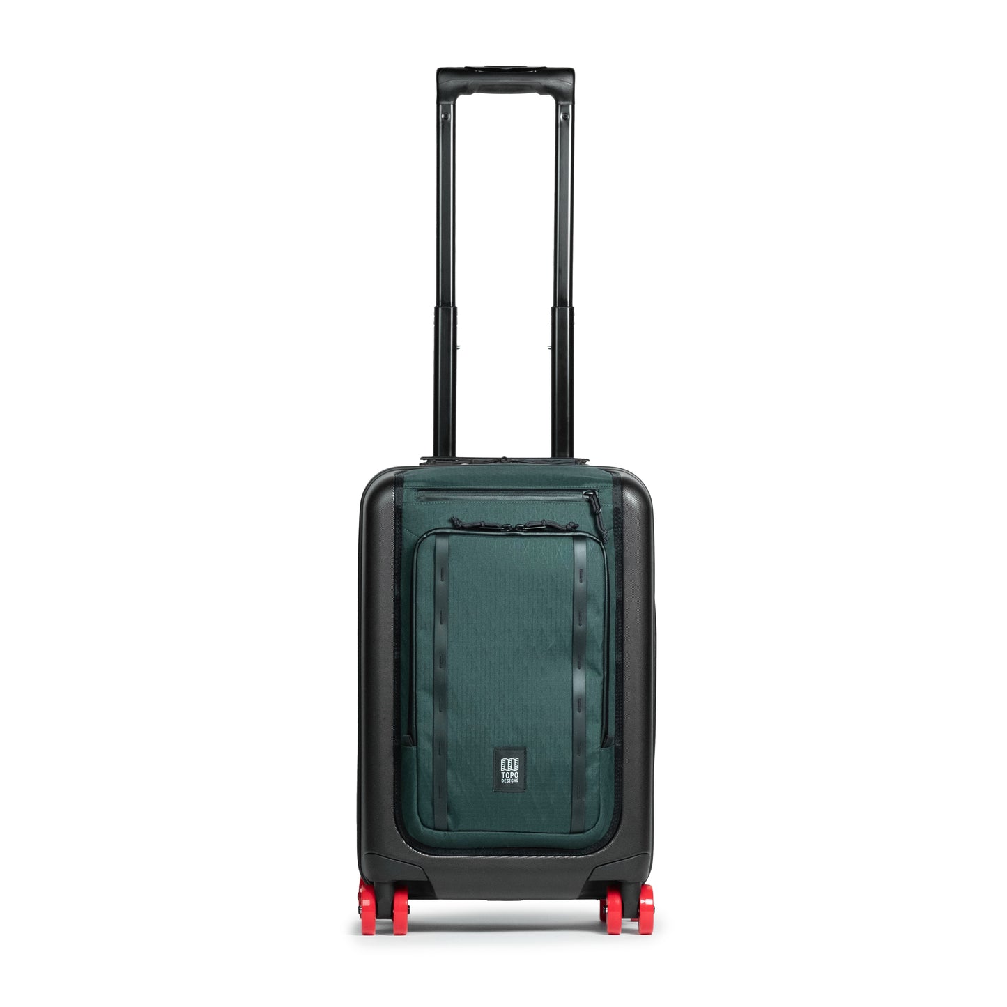 Front shot of Topo Designs Global Pro Travel Roller Bag in "Dark Pine"