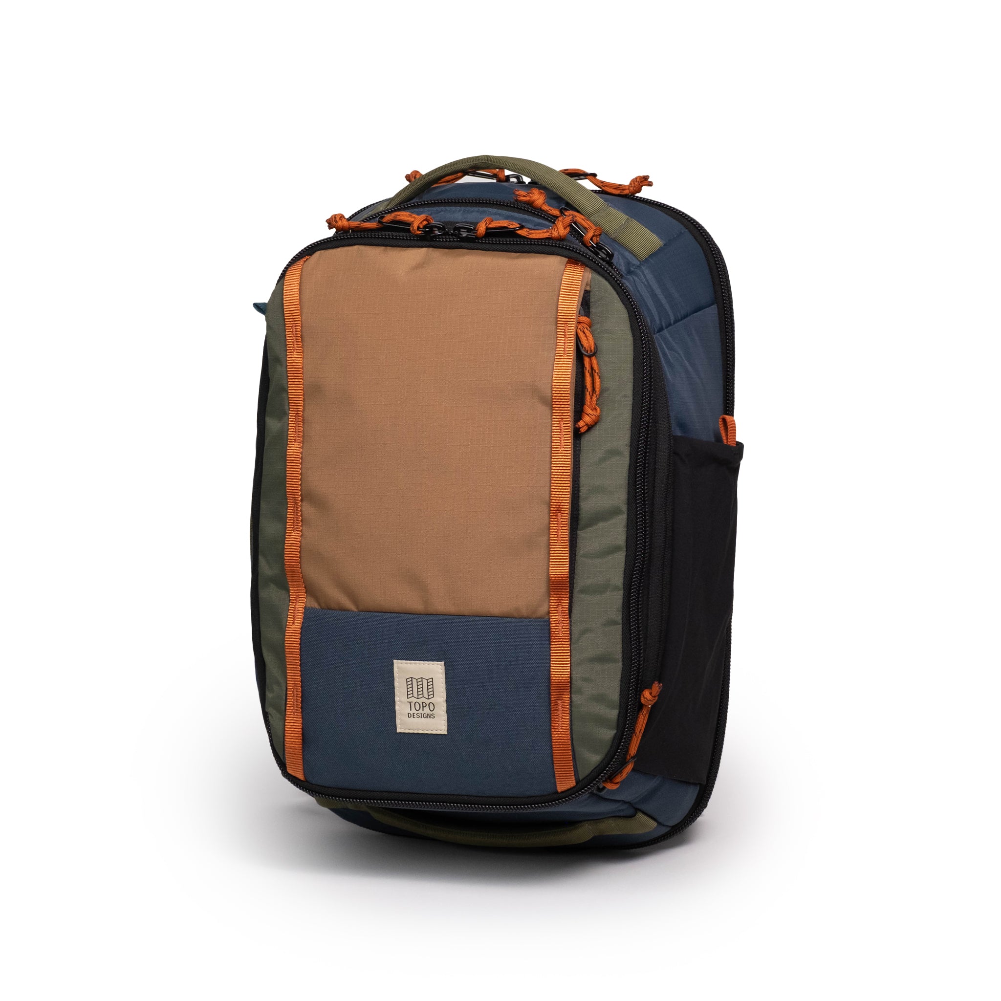 best travel backpack for europe stretch mesh pockets Topo Designs Global Travel Backpack Olive / Dark Khaki