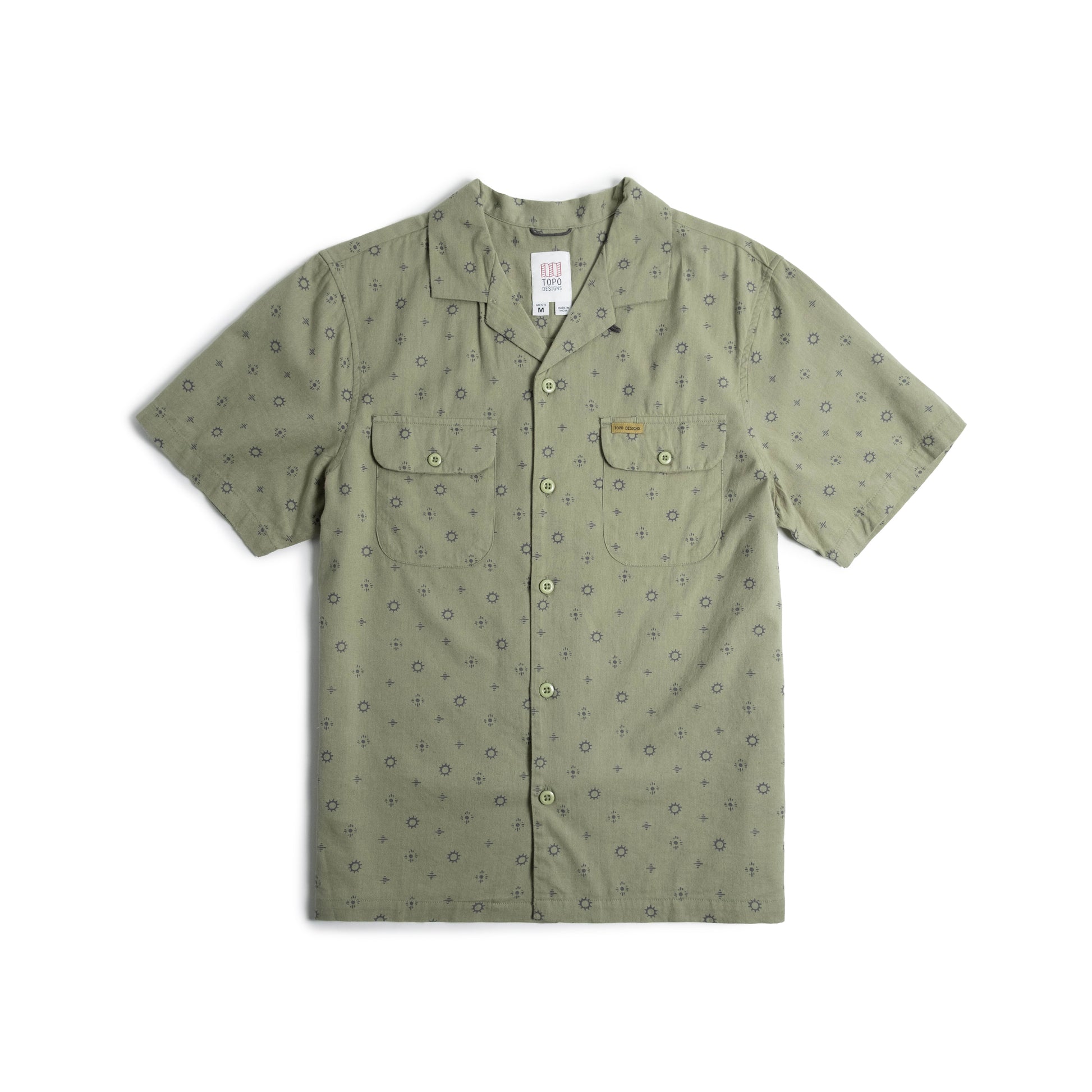 Front View of Topo Designs Daytripper Short Sleeve - Men's in "Tossed Motif Oil Green"
