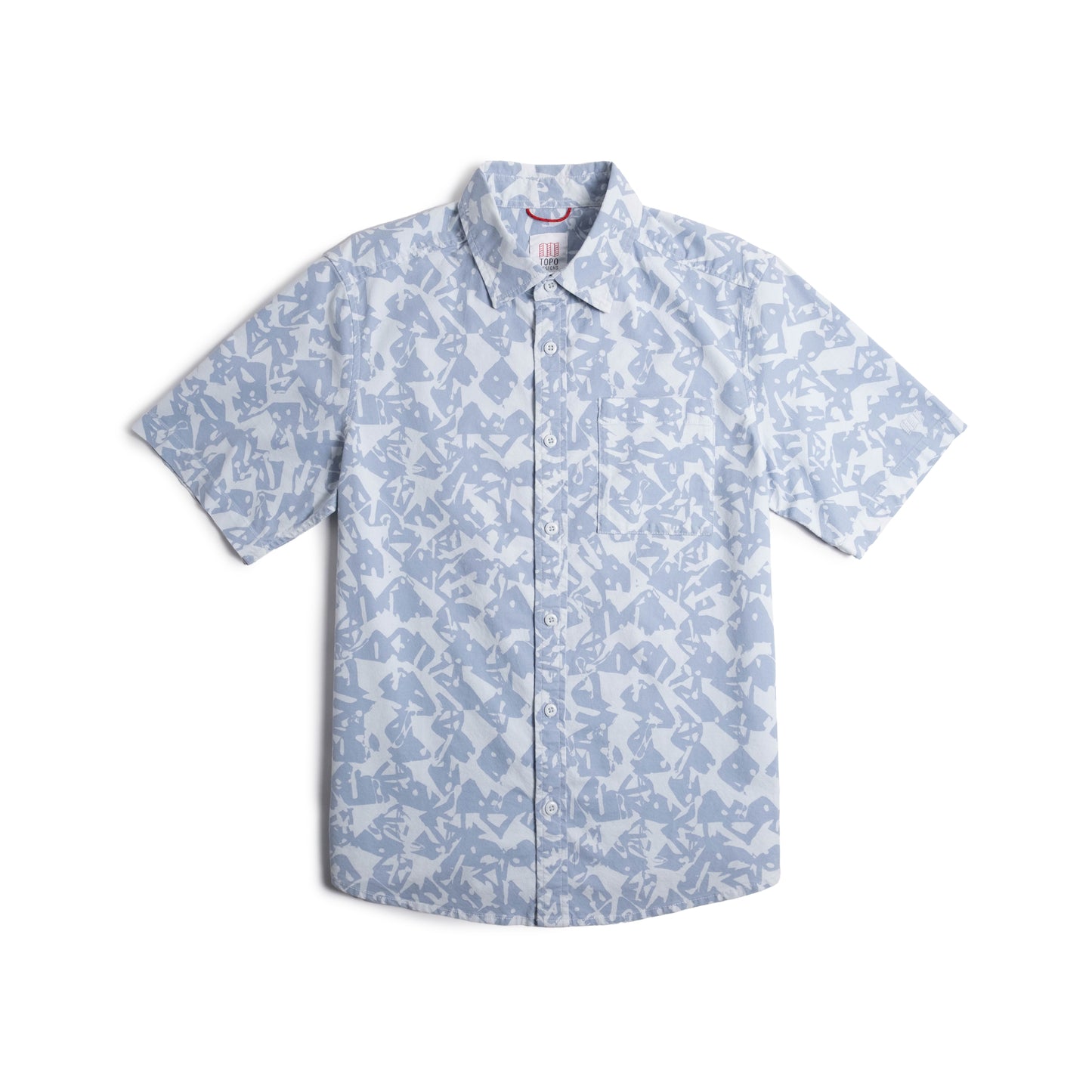 Front View of Topo Designs Dirt Desert Shirt Ss - Men's in "Blue Breeze Geo"