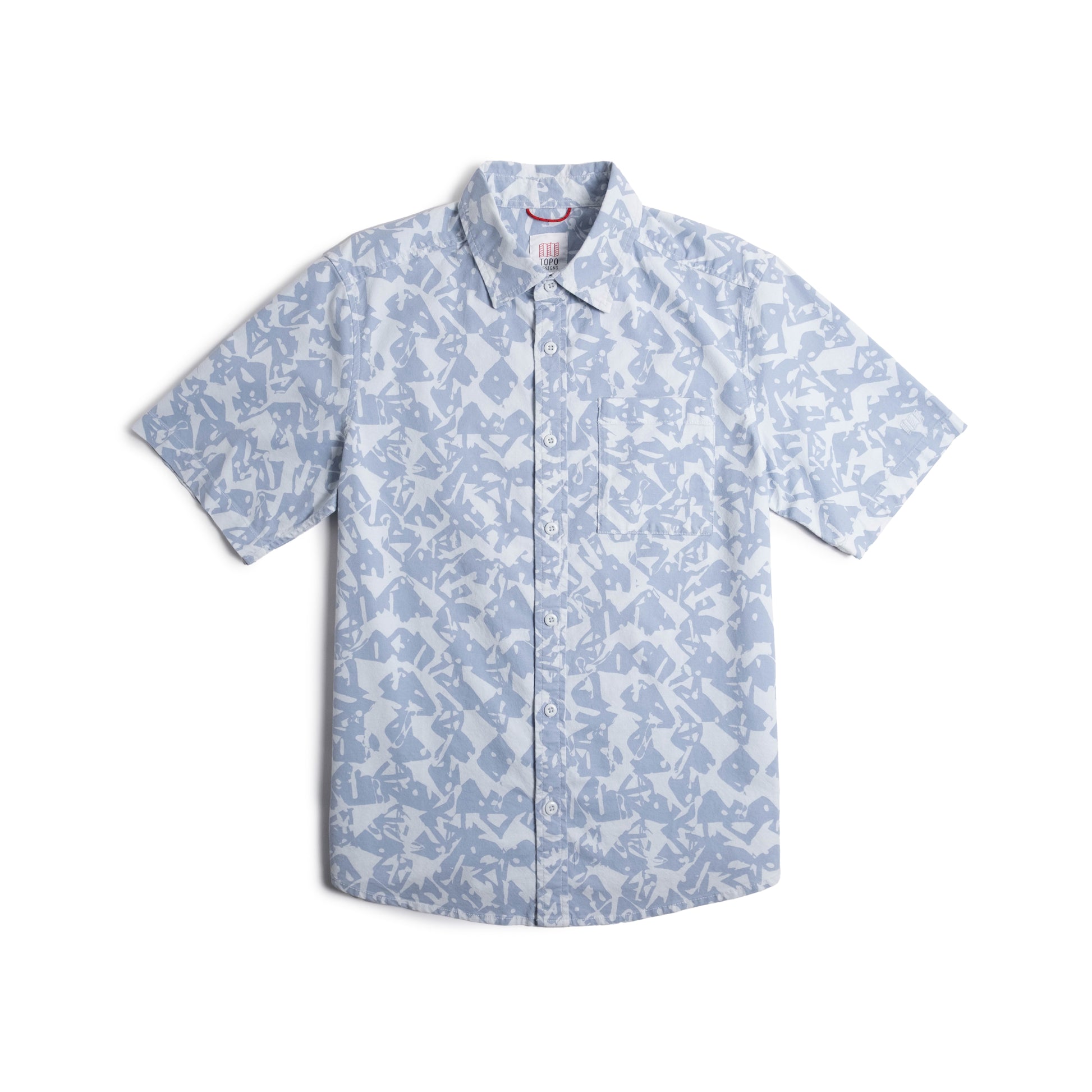 Front View of Topo Designs Dirt Desert Shirt Ss - Men's in "Blue Breeze Geo"