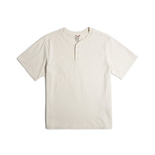 Front flat lay photo on white background of Topo Designs Dirt Henley Short Sleeve - Men's in "Bone White"
