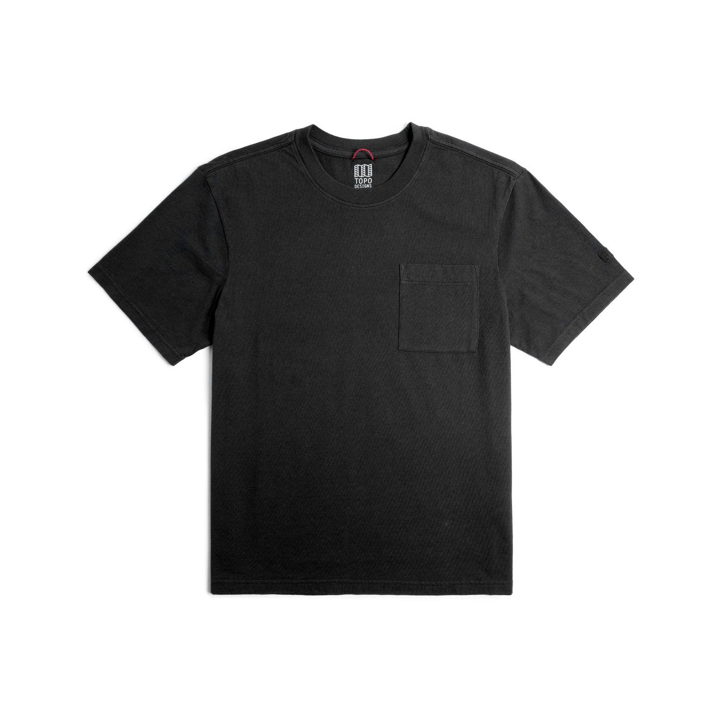 Front flat lay image on white background of Topo Designs Dirt Pocket Tee - Men's in "Black"