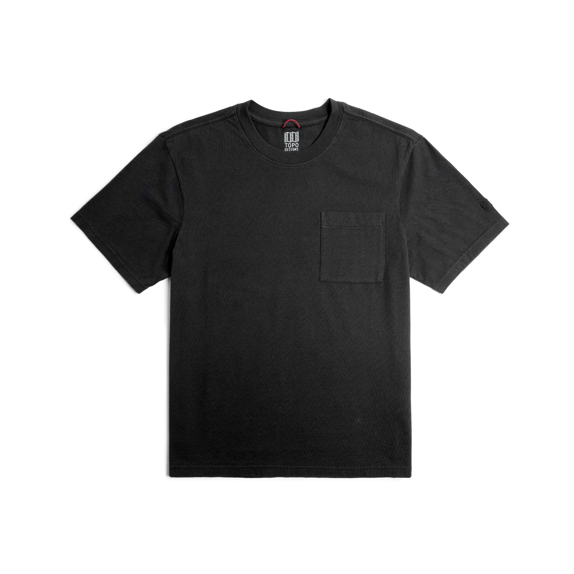 Front flat lay image on white background of Topo Designs Dirt Pocket Tee - Men's in "Black"