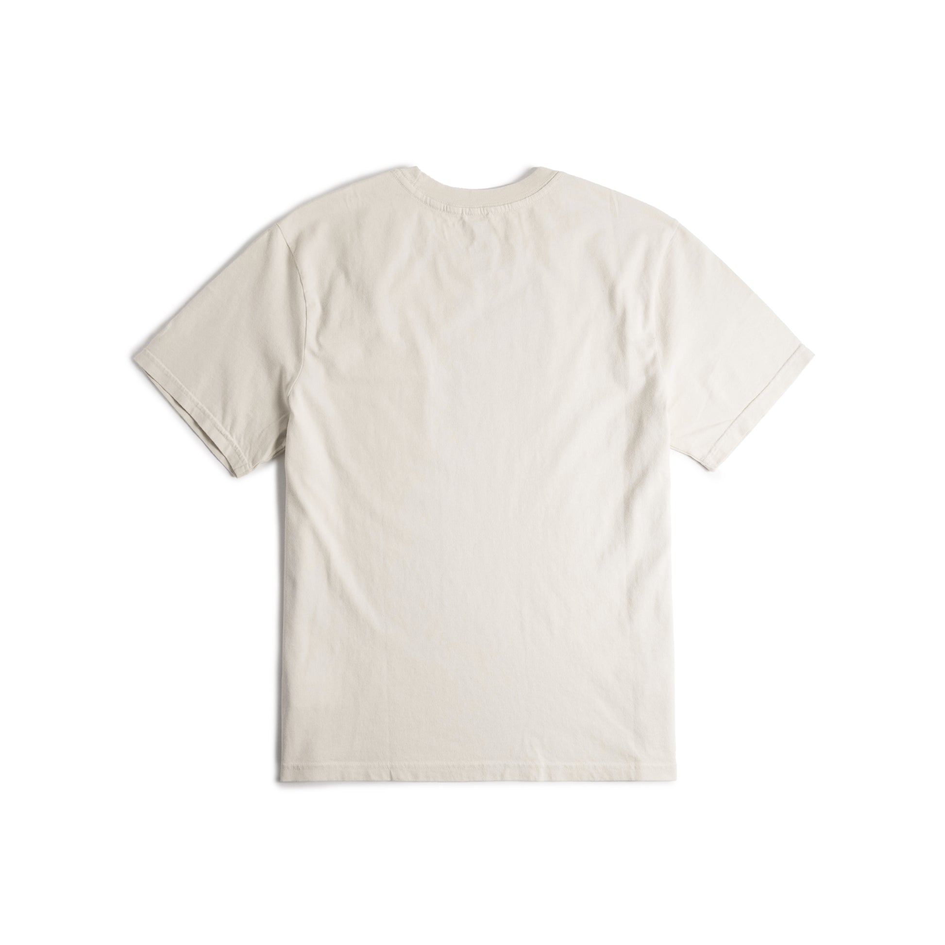 Back flat lay image on white background of Topo Designs Dirt Pocket Tee - Men's in "Bone White"