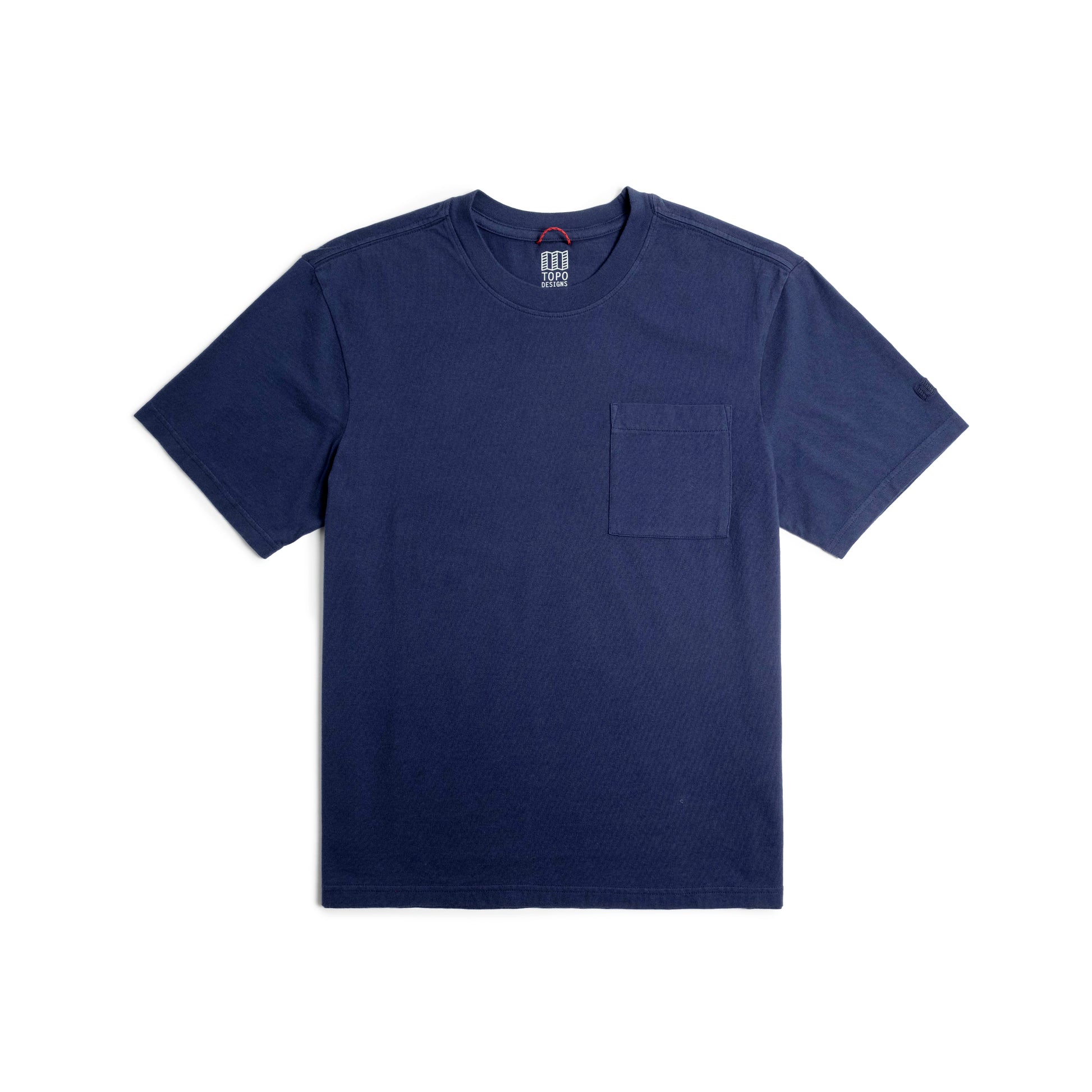 Front flat lay image on white background of Topo Designs Dirt Pocket Tee - Men's in "Midnight"