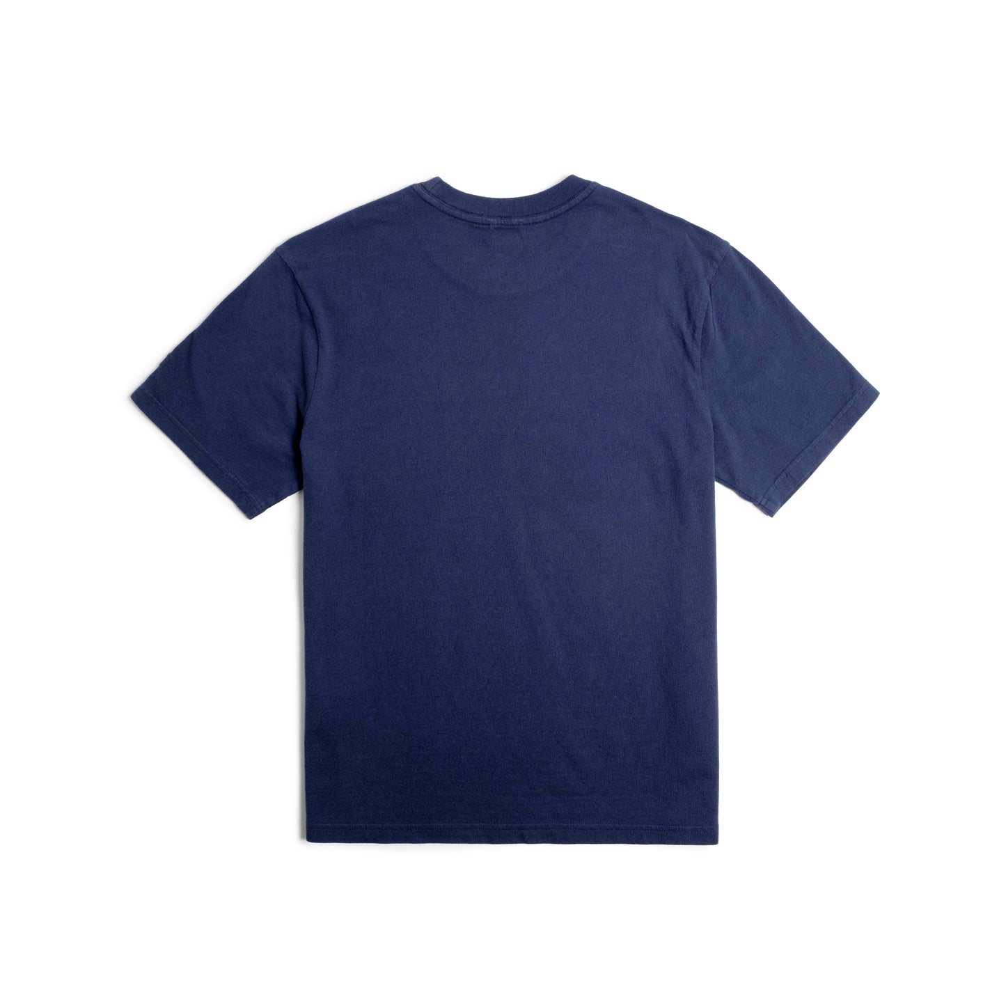 Back flat lay image on white background of Topo Designs Dirt Pocket Tee - Men's in "Midnight"