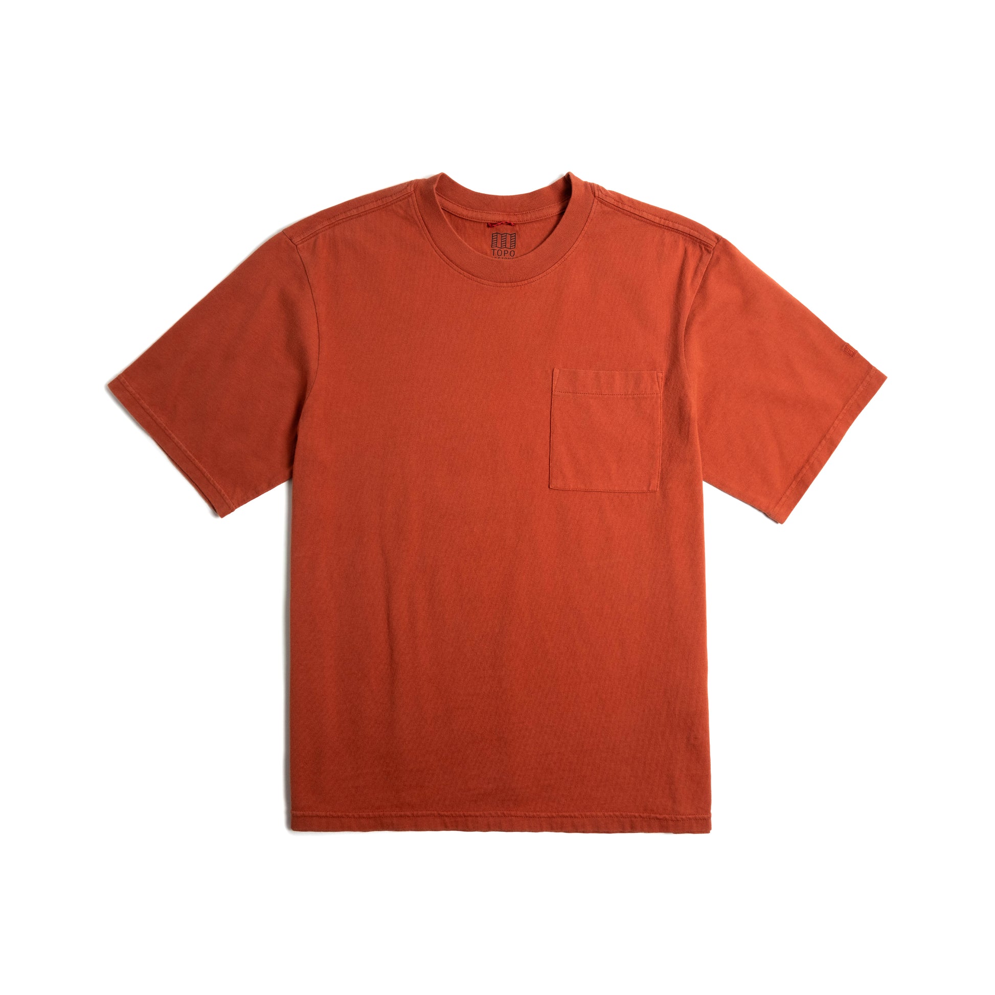 Front flat lay image on white background of Topo Designs Dirt Pocket Tee - Men's in "Terracotta"