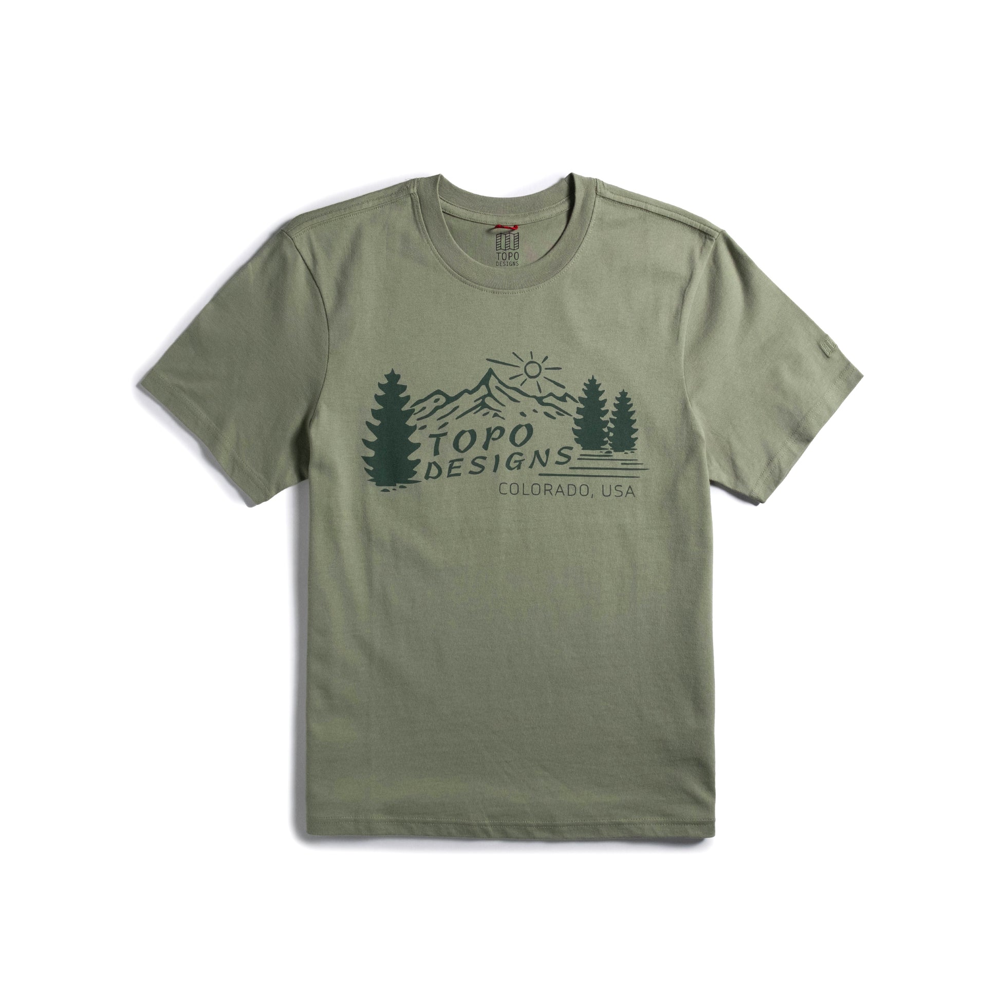 Front flat lay image on white background of Topo Designs Mountain Scene Tee - Men's in "Oil Green"