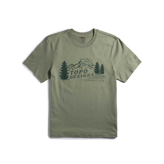 Front flat lay image on white background of Topo Designs Mountain Scene Tee - Men's in "Oil Green"