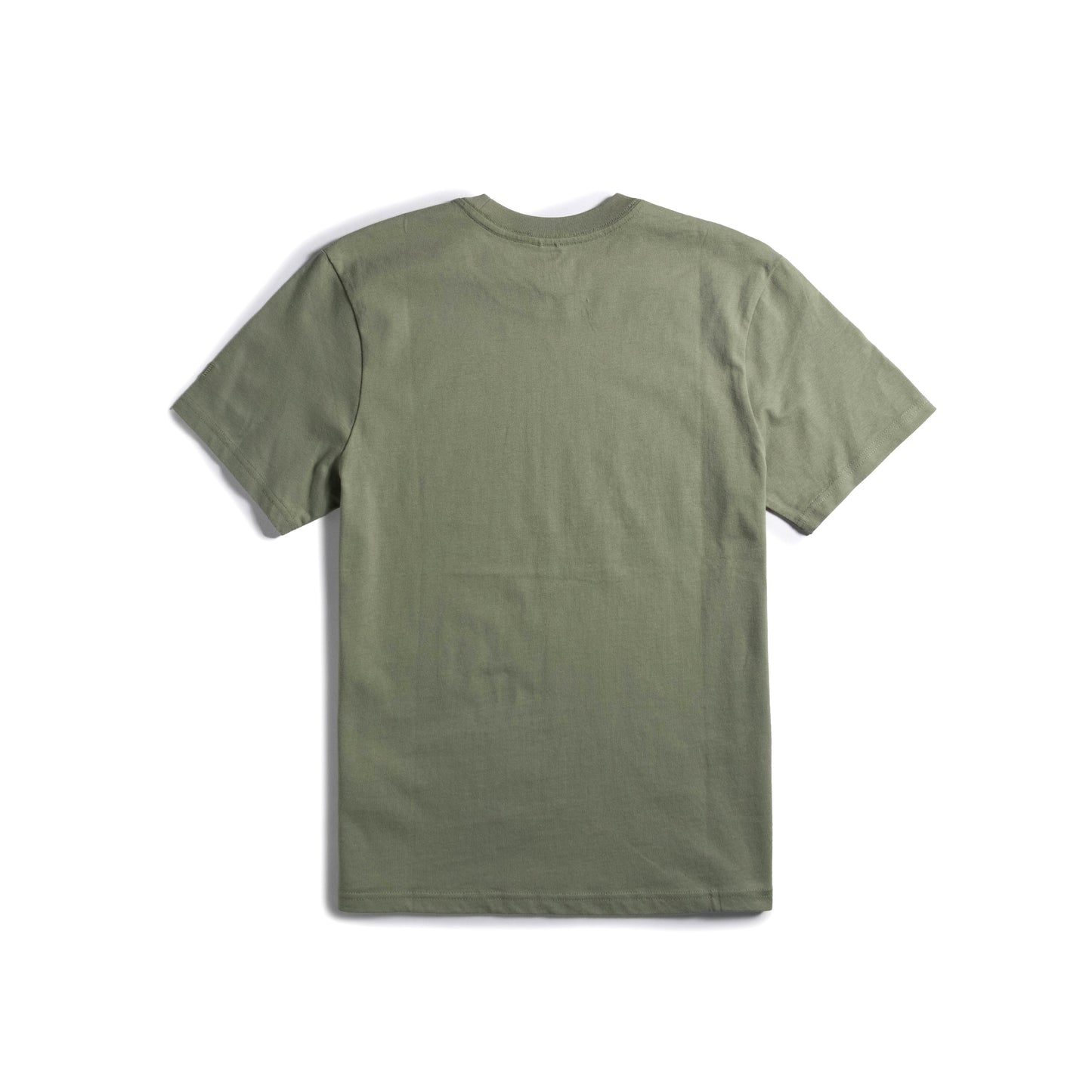 Back flat lay image on white background of Topo Designs Mountain Scene Tee - Men's in "Oil Green"