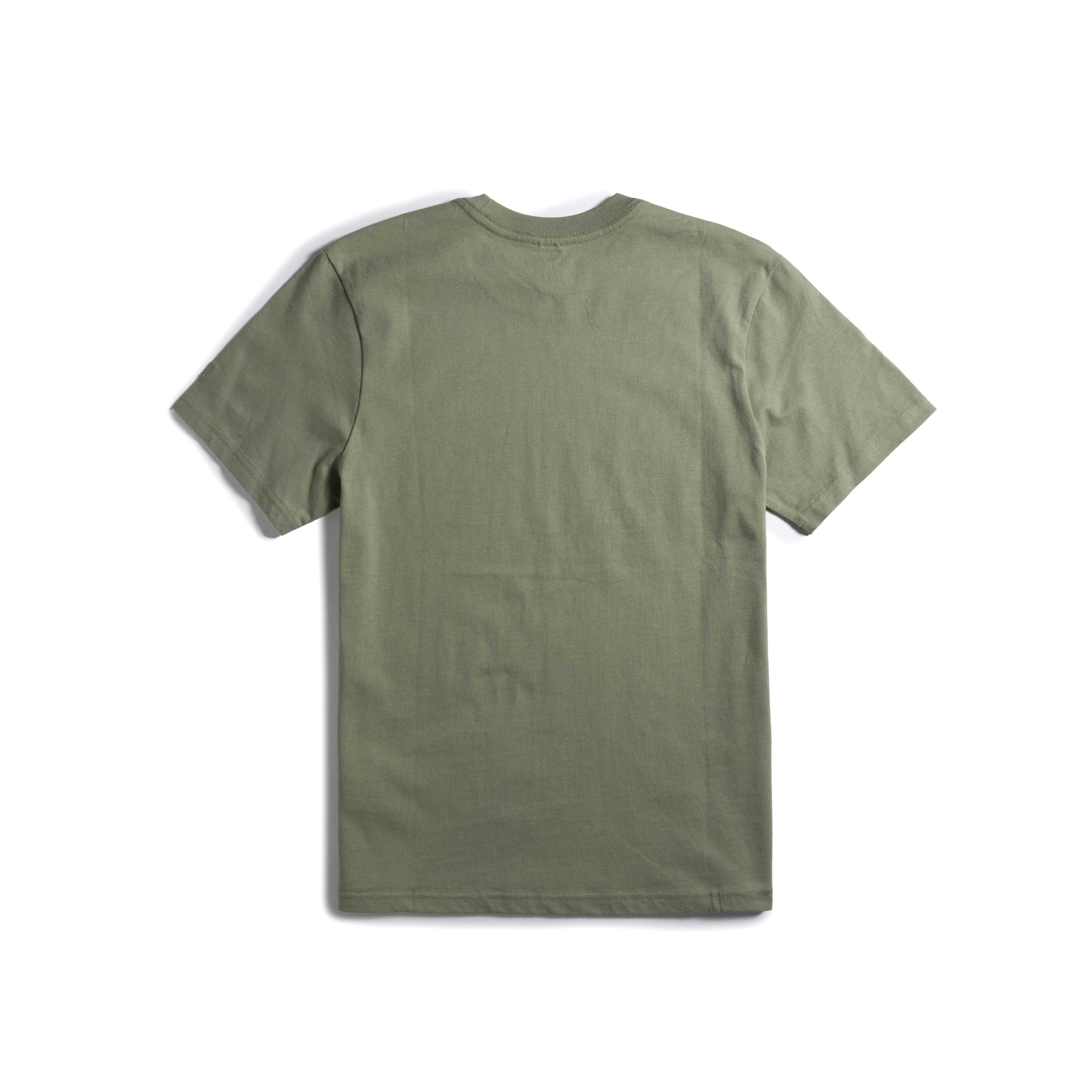 Back flat lay image on white background of Topo Designs Mountain Scene Tee - Men's in "Oil Green"