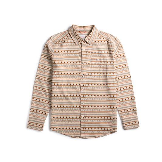 Front shot of Topo Designs Mountain Shirt Lightweight - Men's in "Bone White Sunset Stripe"