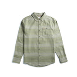 Front shot of Topo Designs Mountain Shirt Lightweight - Men's in "Oil Green Horizontal Stripe"